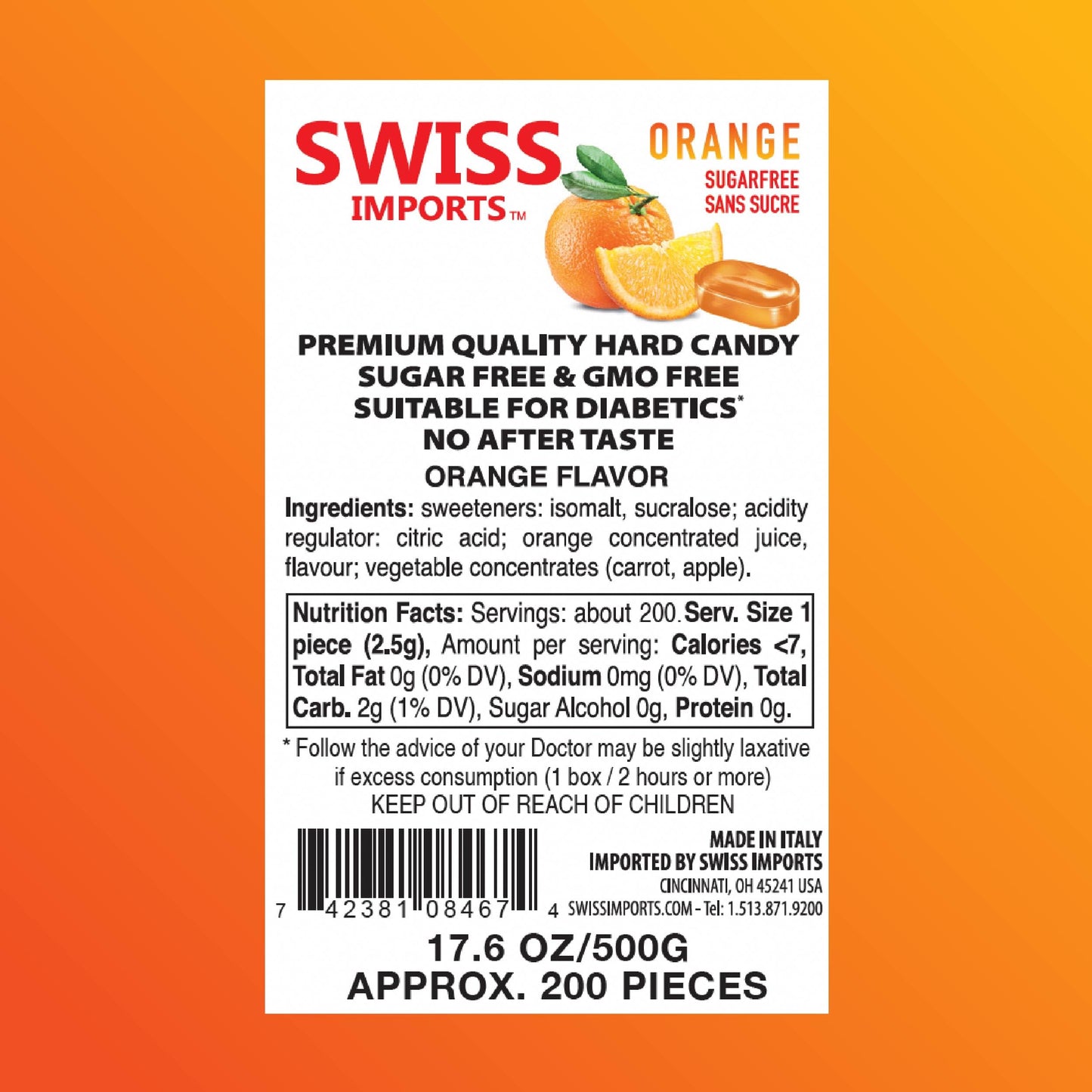 Swiss Imports Sugar Free Bonbons Hard Candy Drops, Orange, 200 Individually Wrapped Pieces, 500G/17.6Oz
