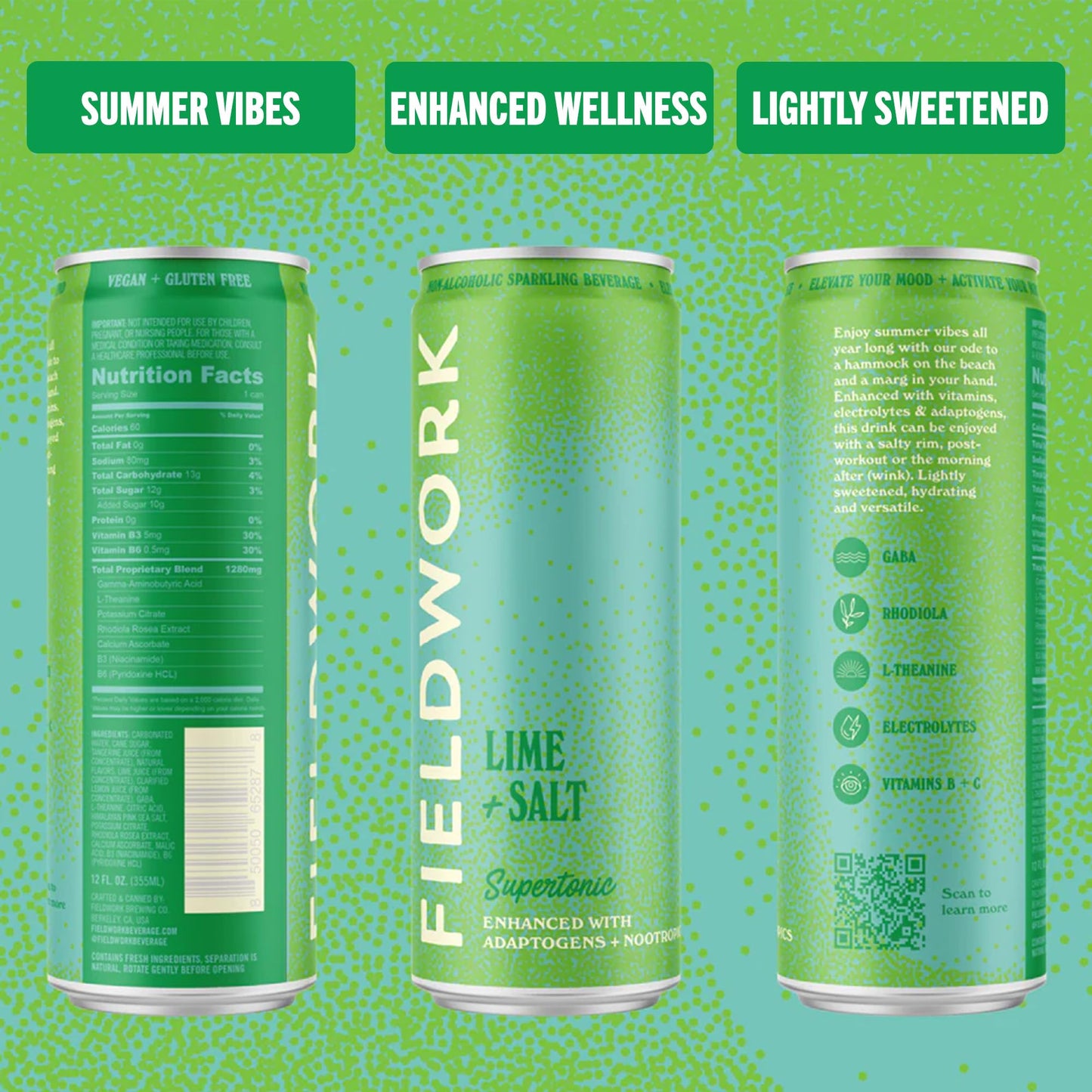 Fieldwork Adaptogen Sparkling Drink, Nootropics, Lime + Salt, 12 Fl Oz, Pack of 4 Cans