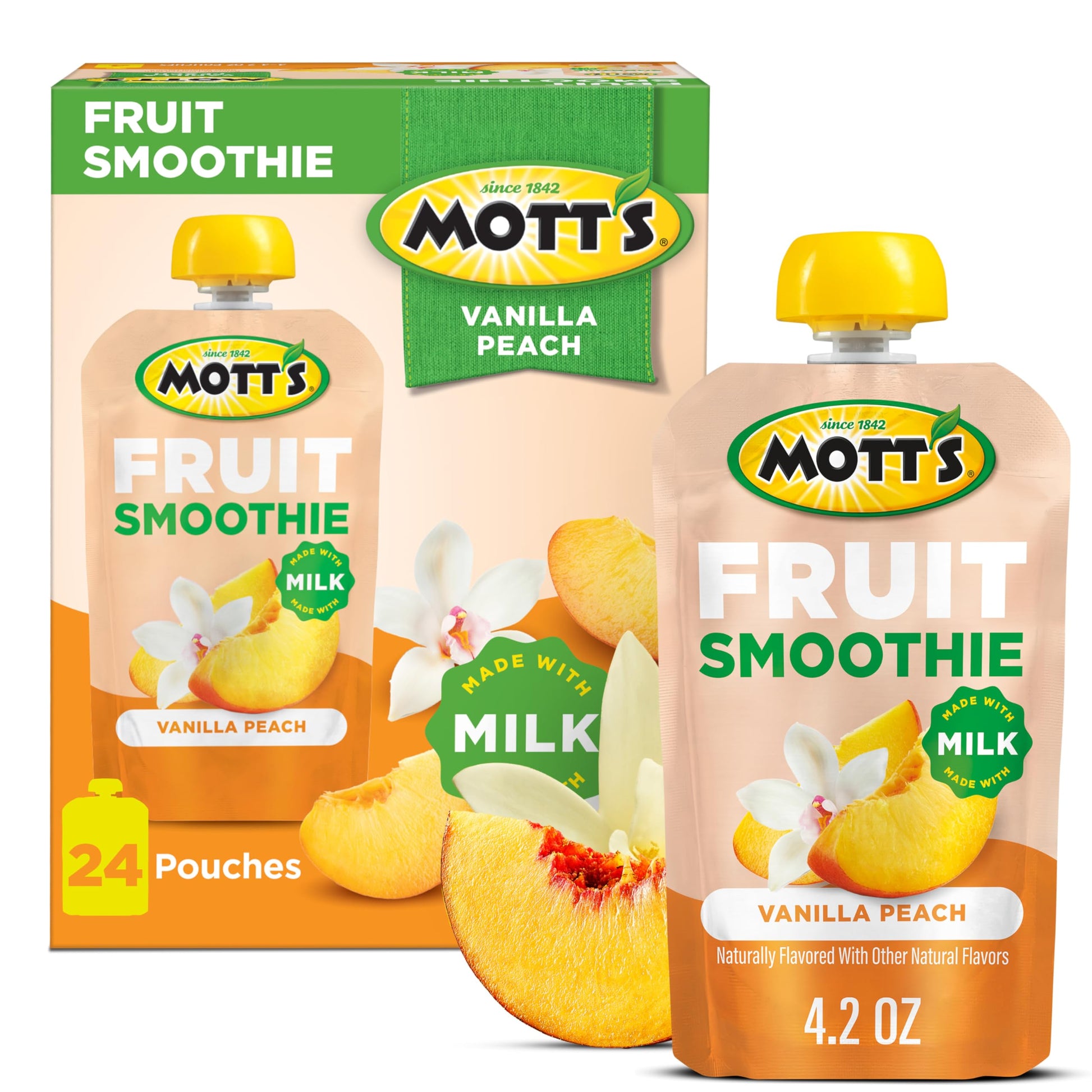 Motts Fruit Smoothies Vanilla Peach, 4.2 oz clear pouches, 24 Count (6 Packs of 4), Made With Milk, Made With Real Fruit, Good S