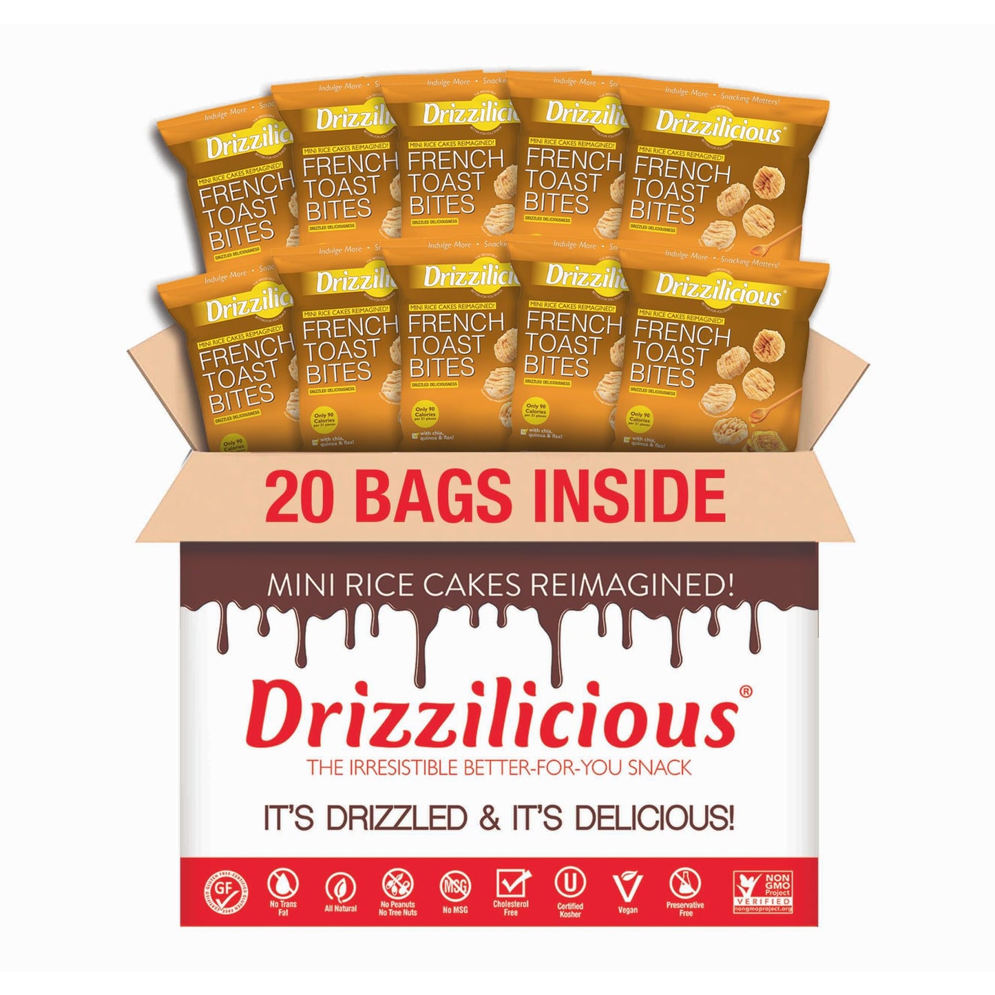 Drizzilicious Mini Rice Cakes French Toast - Rice Crisps  Healthy Snack for mature-themeds and Kids  Flavored Rice Cakes  Vegan  Gluten Free  Allergen Free  Only 90 Calories Per Bag - .74 oz (Pack of 20)