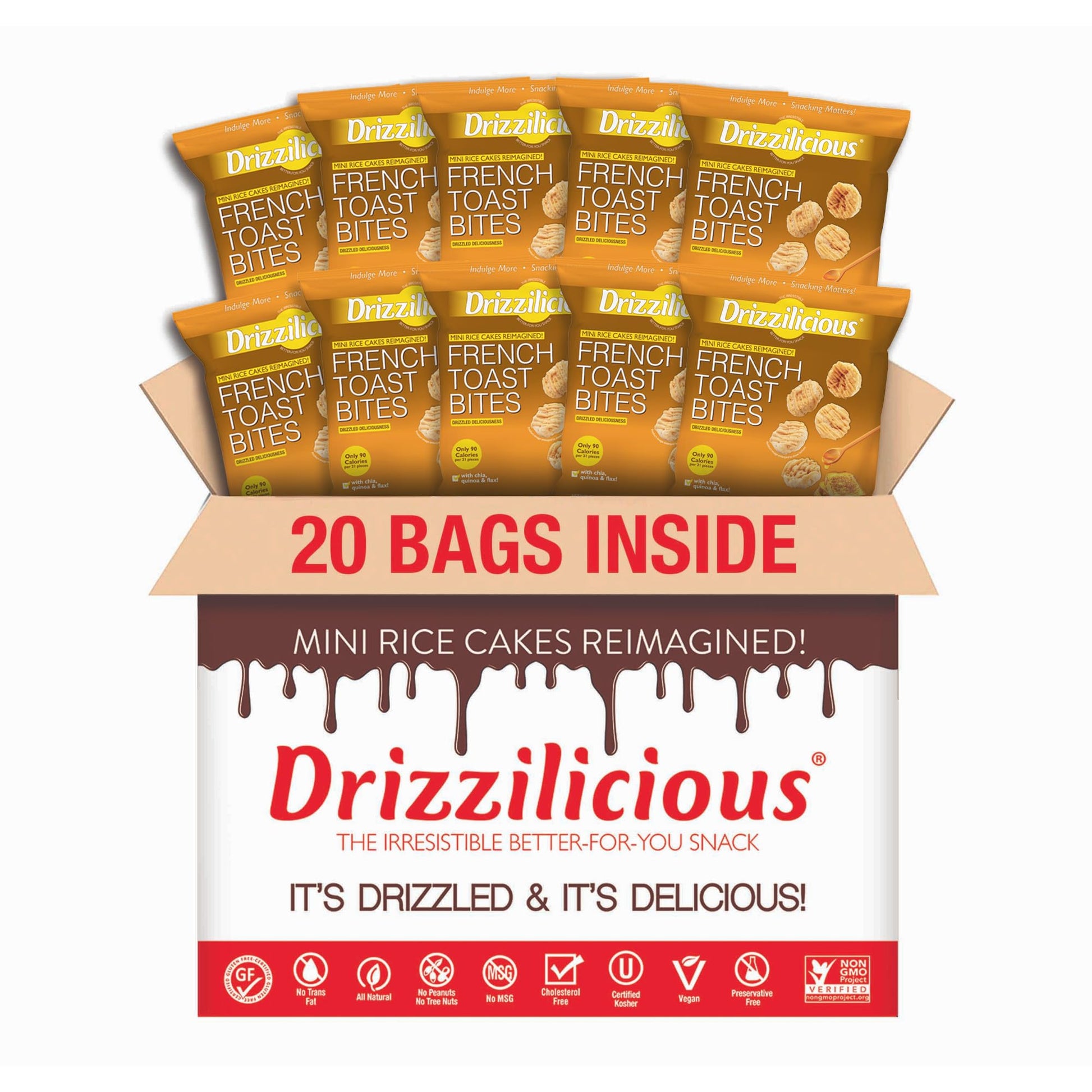 Drizzilicious Mini Rice Cakes French Toast - Rice Crisps  Healthy Snack for mature-themeds and Kids  Flavored Rice Cakes  Vegan  Gluten Free  Allergen Free  Only 90 Calories Per Bag - .74 oz (Pack of 20)