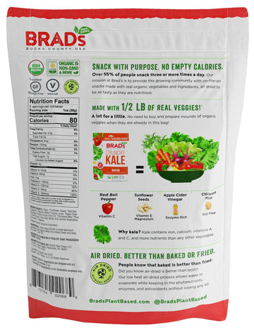 Brads Plant Based Organic Crunchy Kale, Nacho, 3 Bags, 6 Servings Total