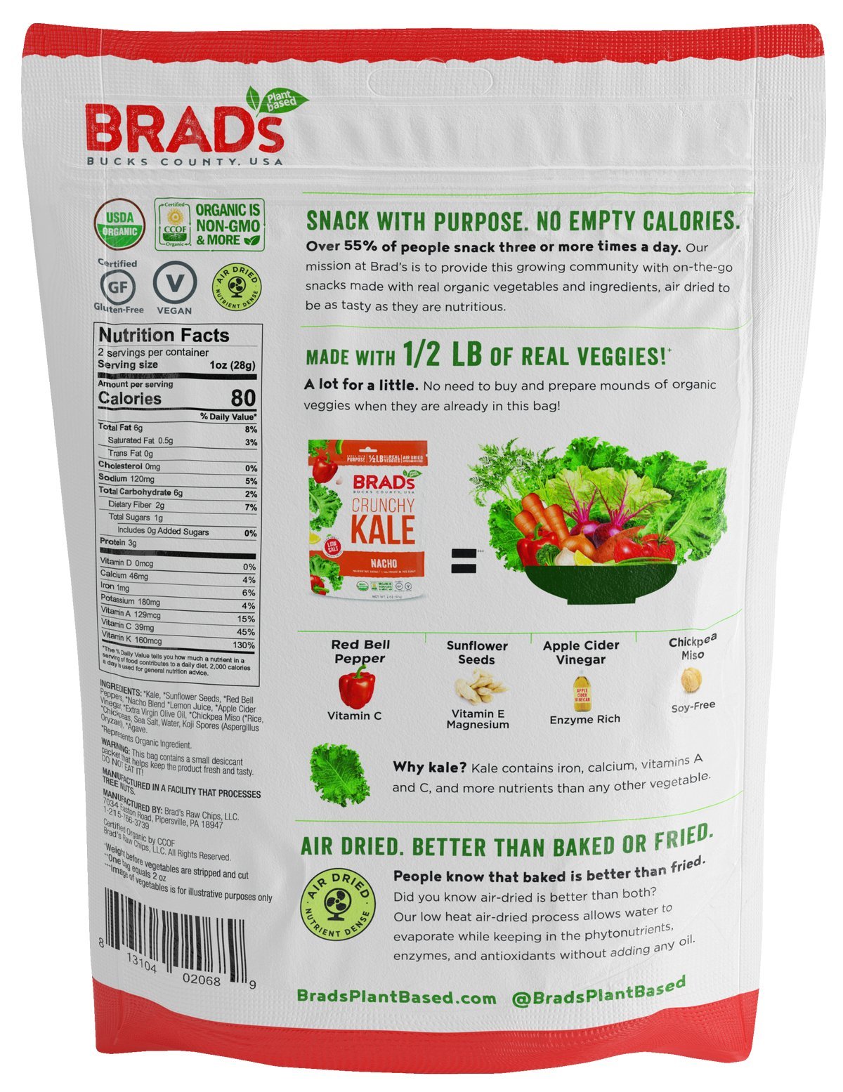 Brads Plant Based Organic Crunchy Kale, Nacho, Low Salt, 12 Bags, 24 Servings Total