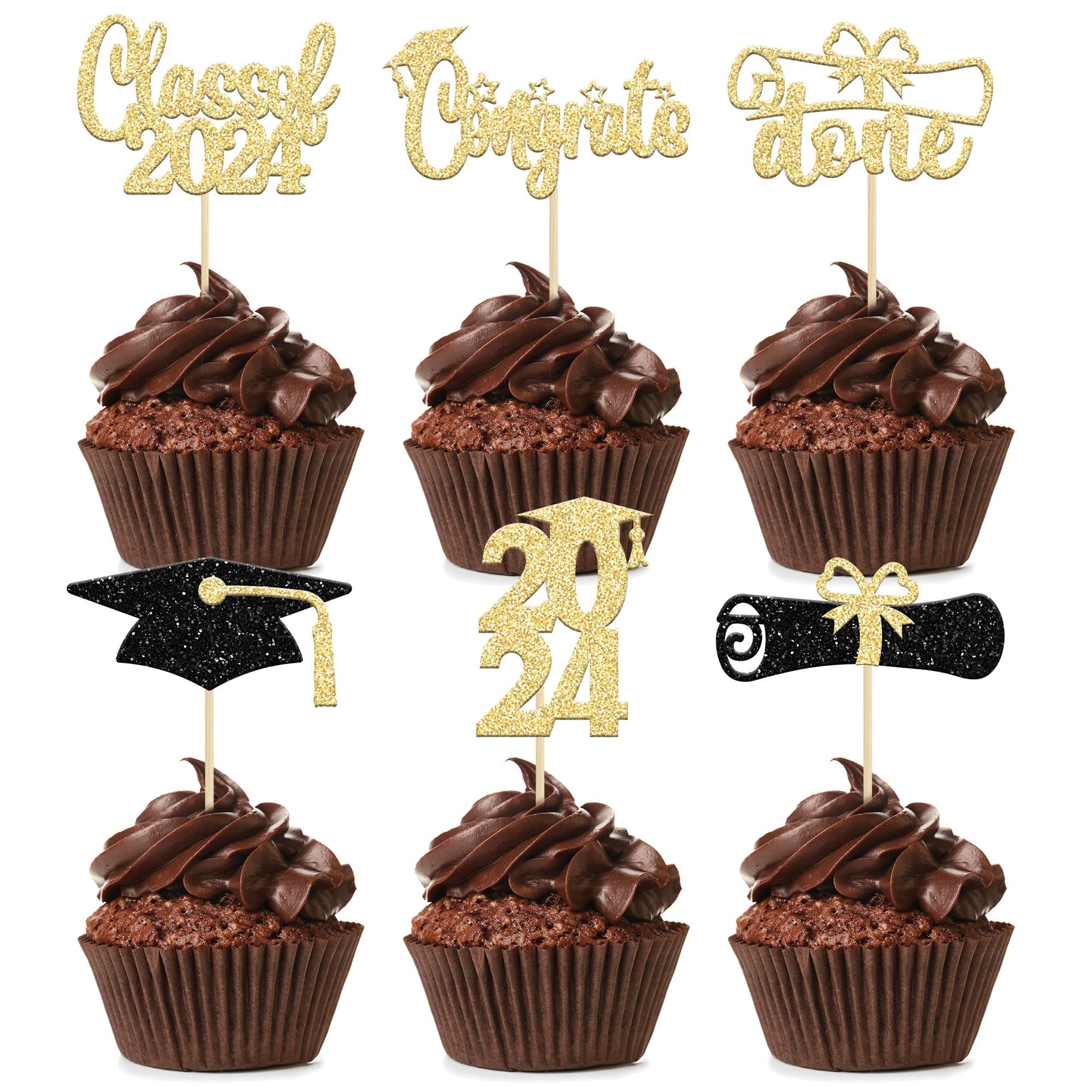 Graduation Cupcake Toppers 2024 Gold Glitter Class Of 2024 Cupcake Toppers Supplies 2024 Congrats Grad Cap Diploma Cupcake Picks