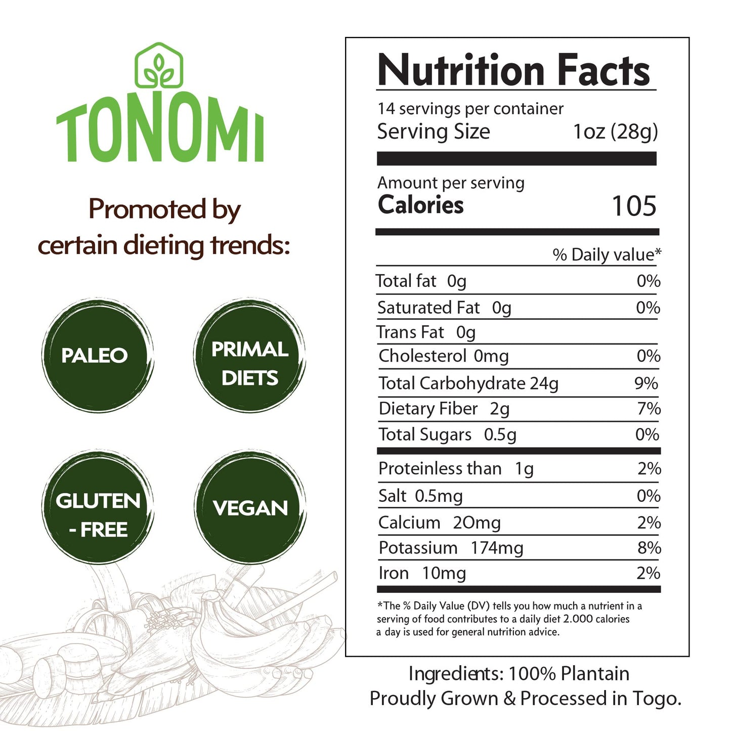 Tonomi Plantain Flour, Gluten-Free, Non-GMO, 16 Ounce (1lb) Bag