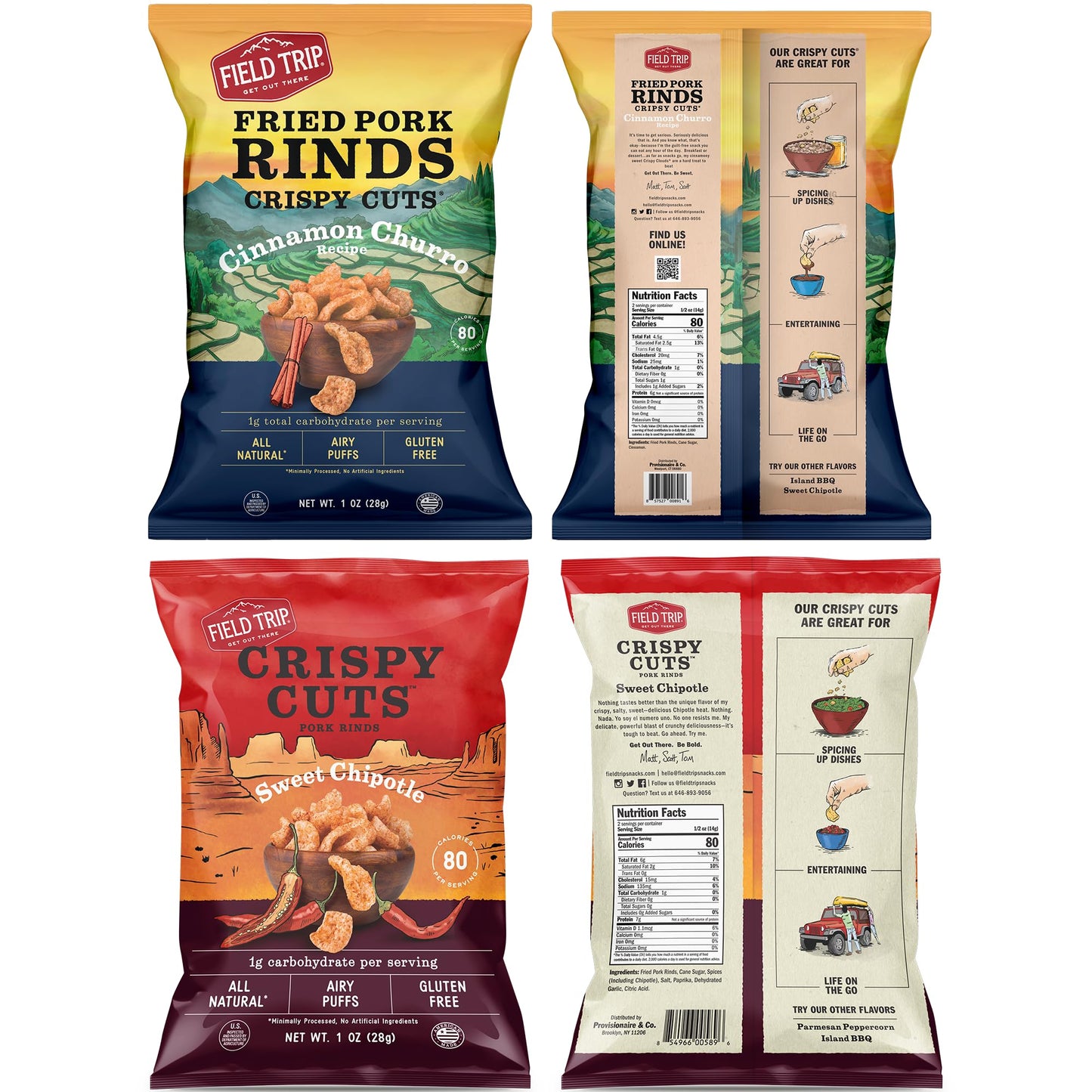 Field Trip Pork Rinds Variety Pack, Gluten Free, High Protein, Low Carb, 6 Flavors, 1oz Bags, Paleo and Keto Friendly
