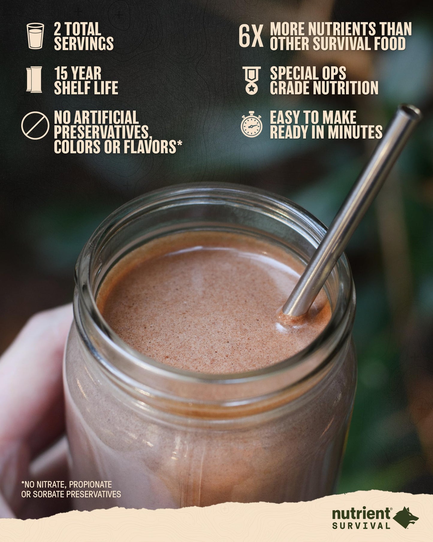 Nutrient Survival Protein Shake, Whey Protein Powder, Gluten Free, 2.07 lb, Creamy Chocolate, Shelf Stable up to 15 Years
