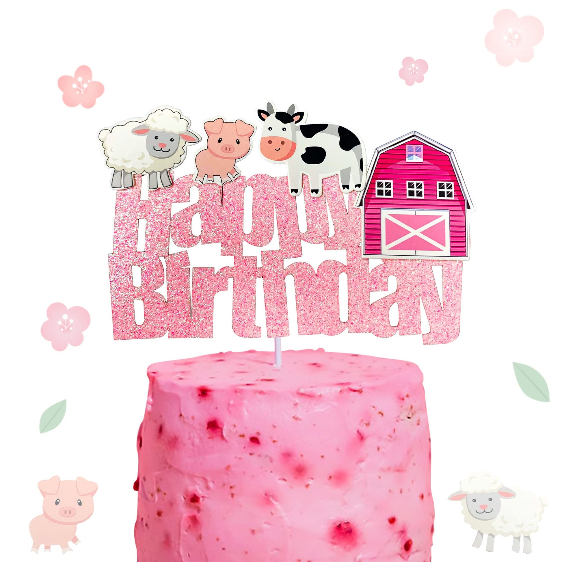 Glitter Pink Farm Animals Cake Topper Pink Farm Animals Birthday Cake Decoration Farm Animals Birthday Party Supplies Cow Birthd