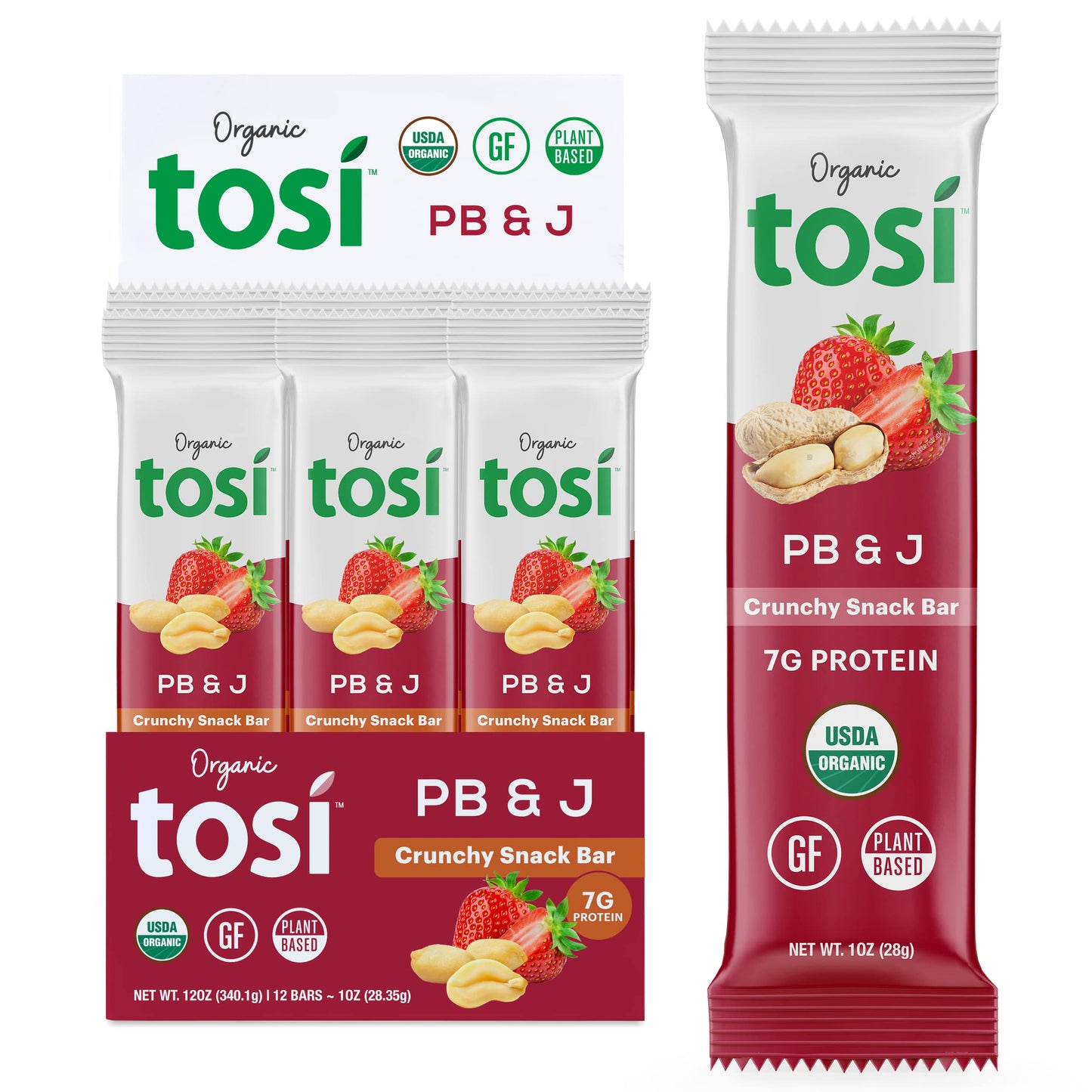 Tosi Peanut Butter & Jelly Protein Bars, Vegan, Gluten-Free, 12 Count, Plant-Based Snacks, 1 oz each