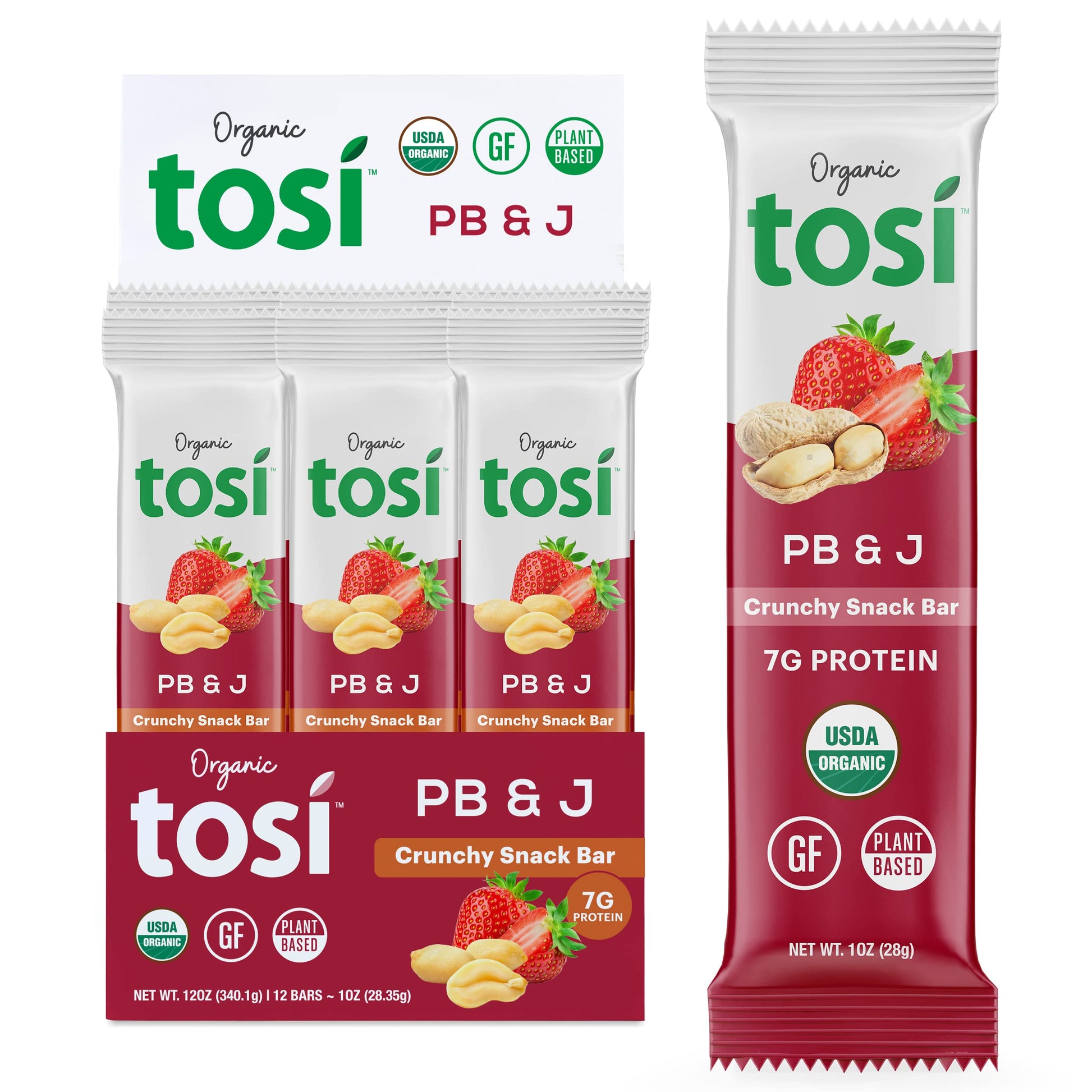 Tosi Peanut Butter & Jelly Protein Bars, Vegan, Gluten-Free, 12 Count, Plant-Based Snacks, 1 oz each