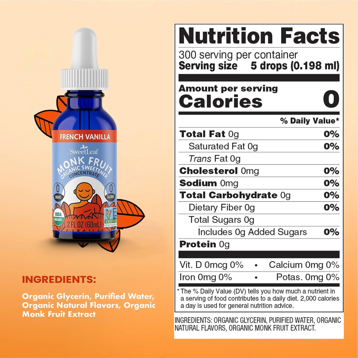 Sweetleaf French Vanilla Liquid Monk Fruit - Monk Fruit Liquid Sweetener Drops, Organic Monk Fruit Extract, Zero Calorie Sweeten