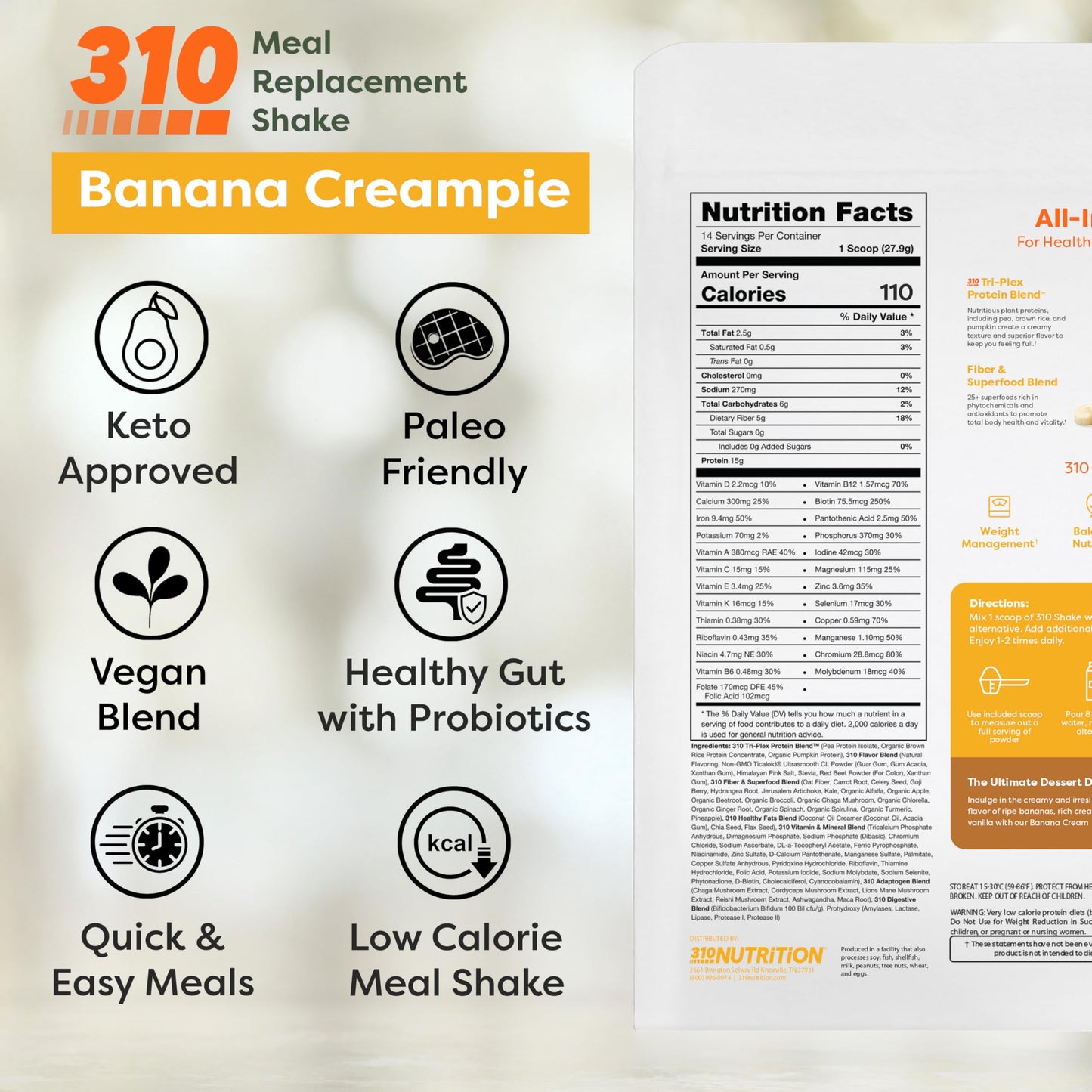 310 Nutrition All-in-One Plant-Based Meal Replacement Shake - High-Fiber Protein with Probiotics, Digestive Enzymes & Adaptogens
