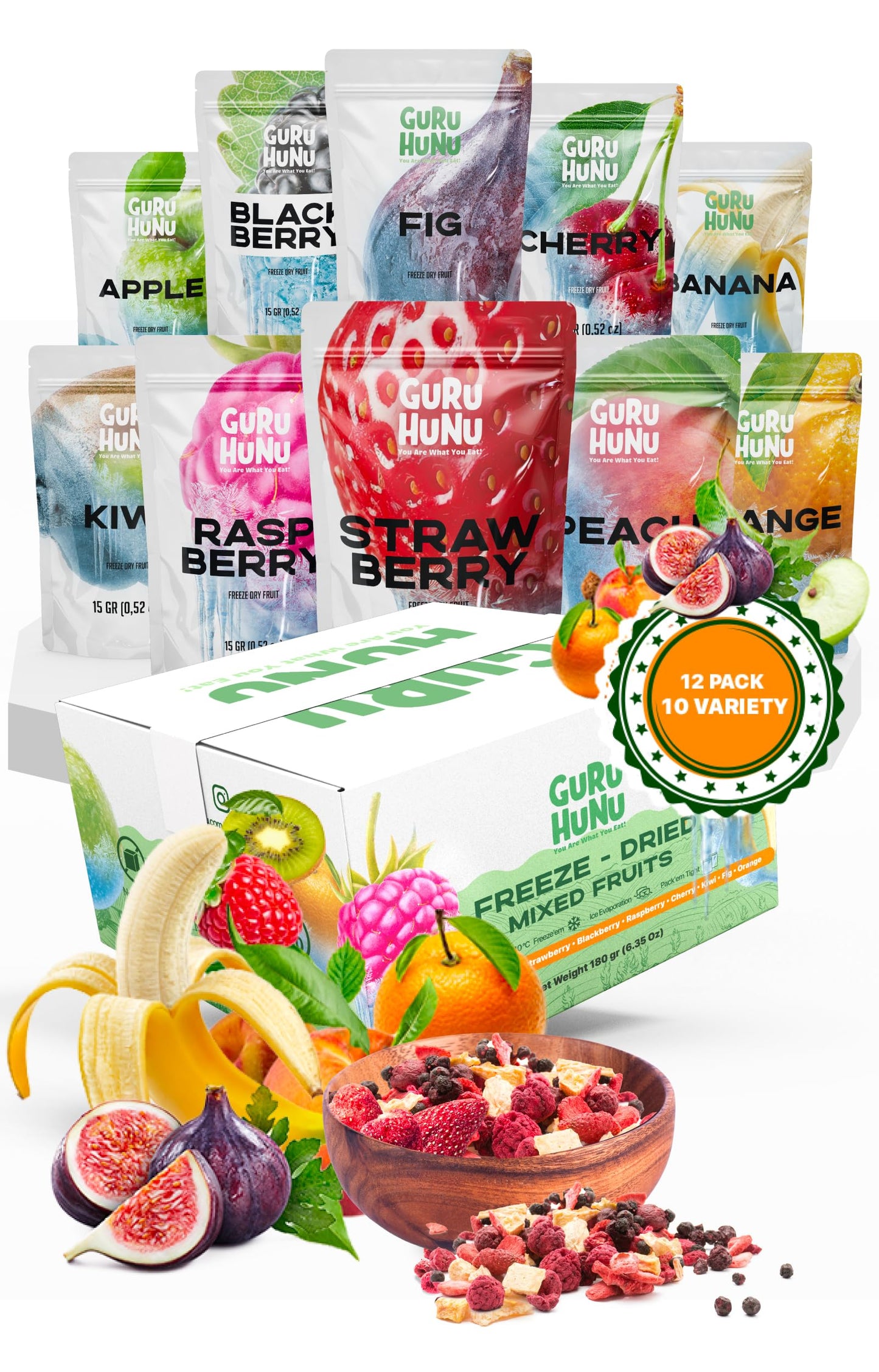 GURU HUNU Freeze Dried Fruit Mix 12 Individual Packs Healthy Fruit Snacks - Variety Pack Dehydrated Fruit Chips Camping Snacks M