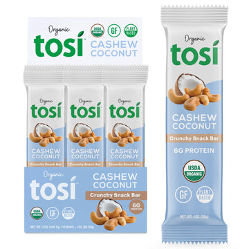 Tosi Cashew Coconut Protein Bars, Plant Based With Nuts, Gluten-Free Crunchy Snacks, Vegan, Organic, Flax & Chia Seeds, Soy-Free