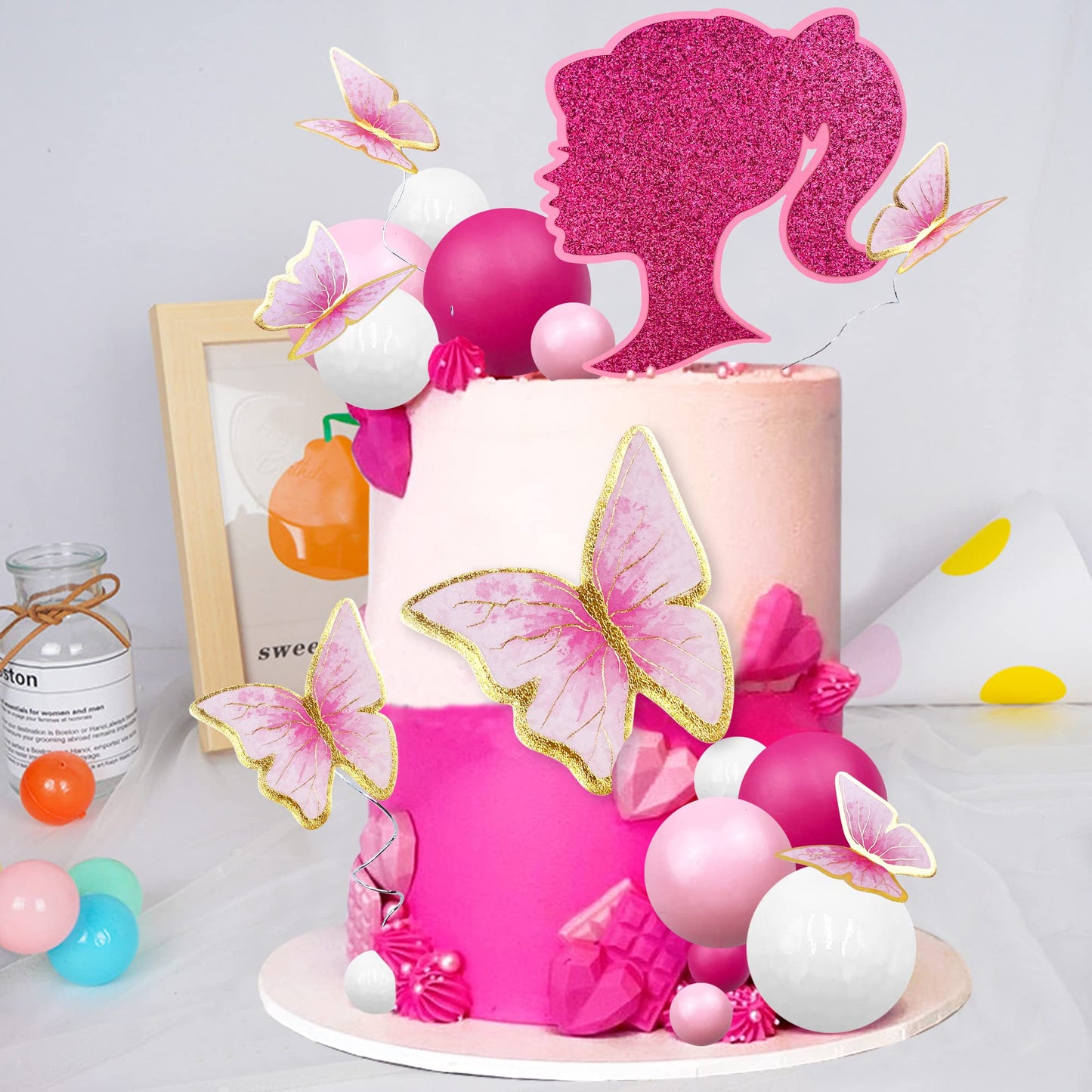 27 Pcs Hot Pink Girl Cake Toppers Pink Ball Cake Decoration Butterfly Cake Decoration Girl Theme Cake Decoration For Wedding Bir