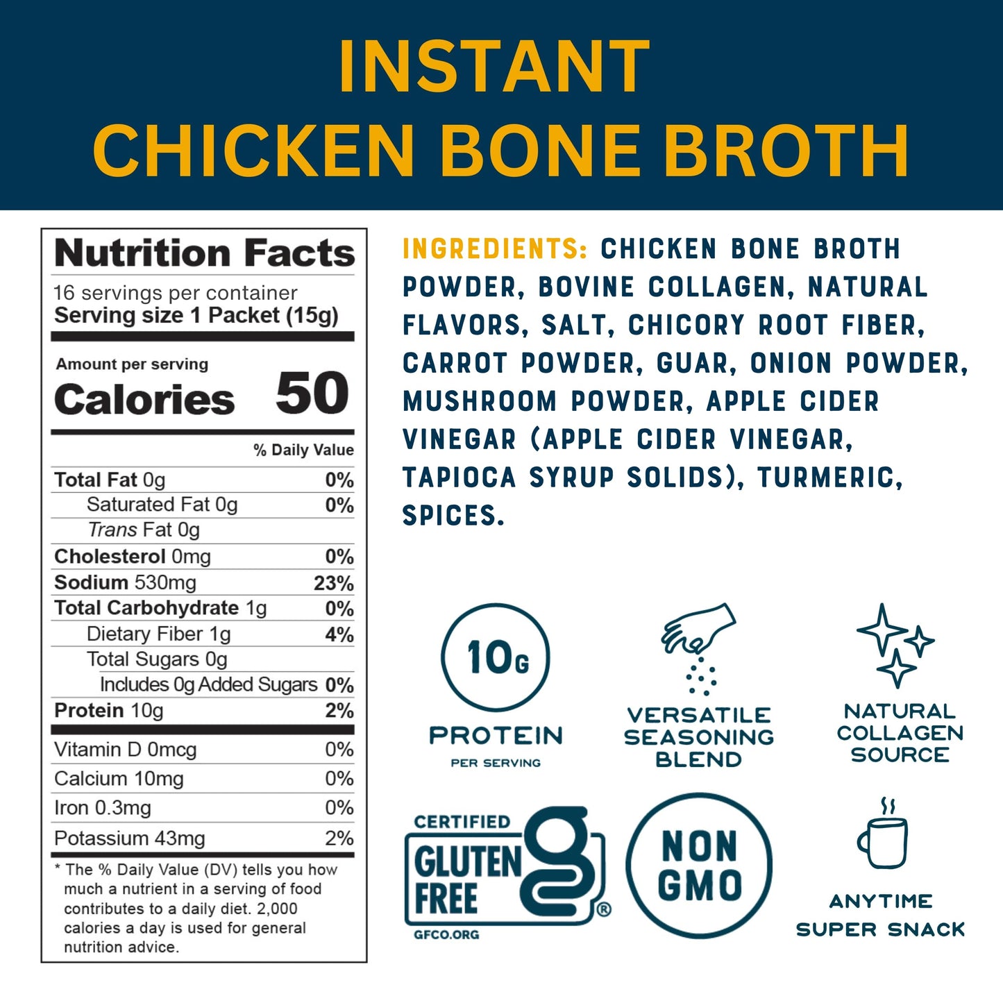 Bare Bones Bone Broth Instant Powdered Beverage Mix, Chicken, Pack of 32, 15g Sticks, 10g Protein, Keto & Paleo Friendly