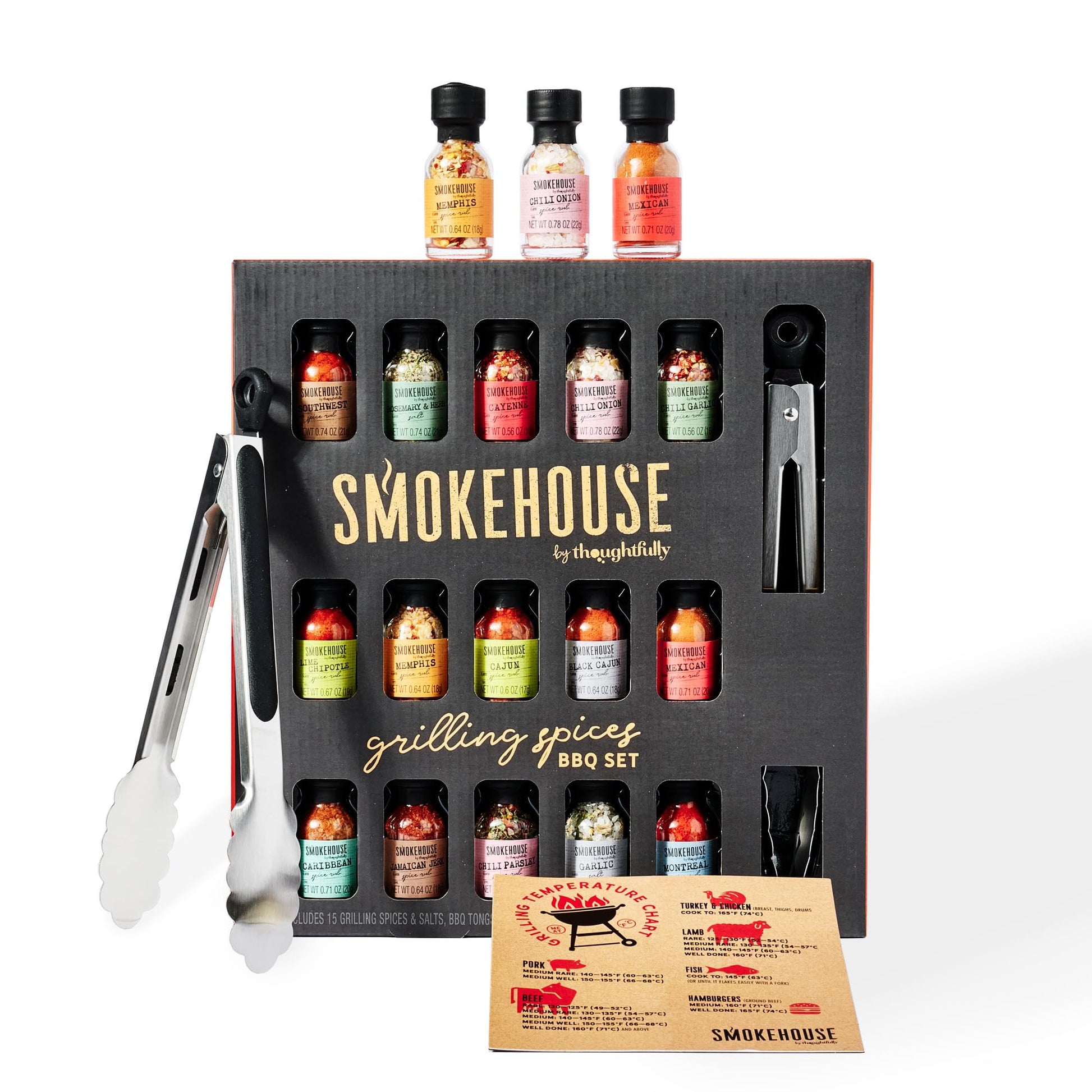 Thoughtfully BBQ Grilling Spices Set with Tongs, Magnet, Seasoning Rubs, 0.61 Ounce (Pack of 16)