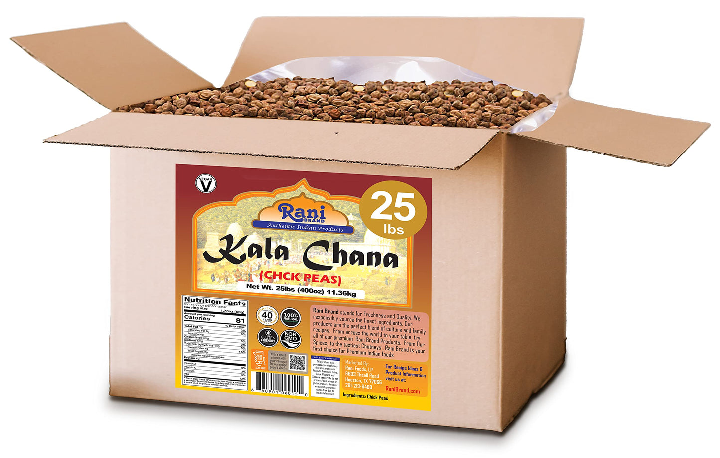 Rani Kala Chana (Desi Chickpeas Chana With Skin) 400Oz (25Lbs) 11.36Kg Bulk Box ~ All Natural | Gluten Friendly | Non-Gmo | Vega