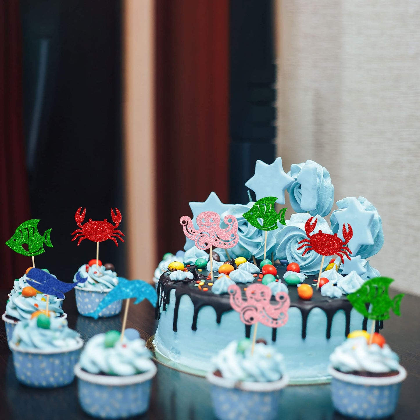 Gyufise 30 Pack Ocean Sea Animals Cupcake Toppers Dolphin Crab Whale Octopus Fish Cupcake Picks Baby Shower Under The Sea Animal