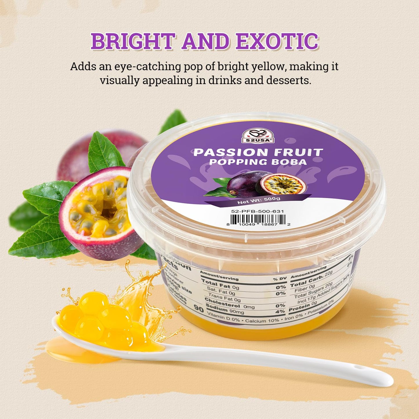 52USA Passion Fruit Popping Boba (1000g)  Bursting Popping Pearls for Bubble Tea  Beverages  Sweets  Ice Cream  Shakes  Desserts & Smoothies Topping  1.1 Pound (Pack of 2)