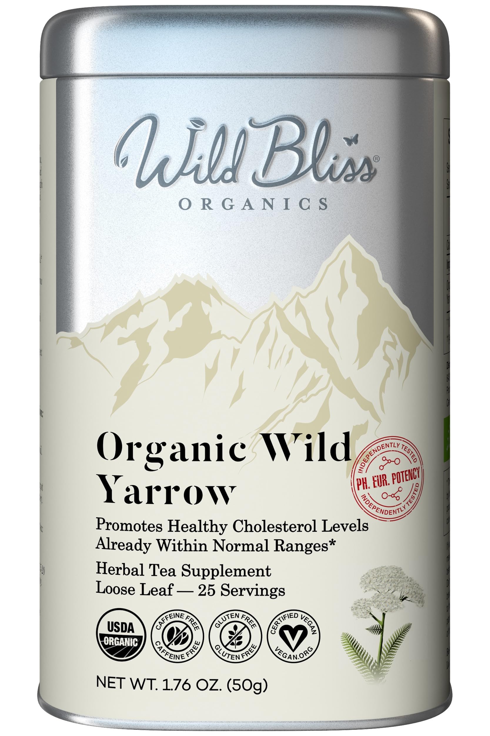 Wild Bliss Organic Yarrow Tea - Caffeine Free Loose Leaf Herbal Tea - 25 Servings - 1.76 Ounces