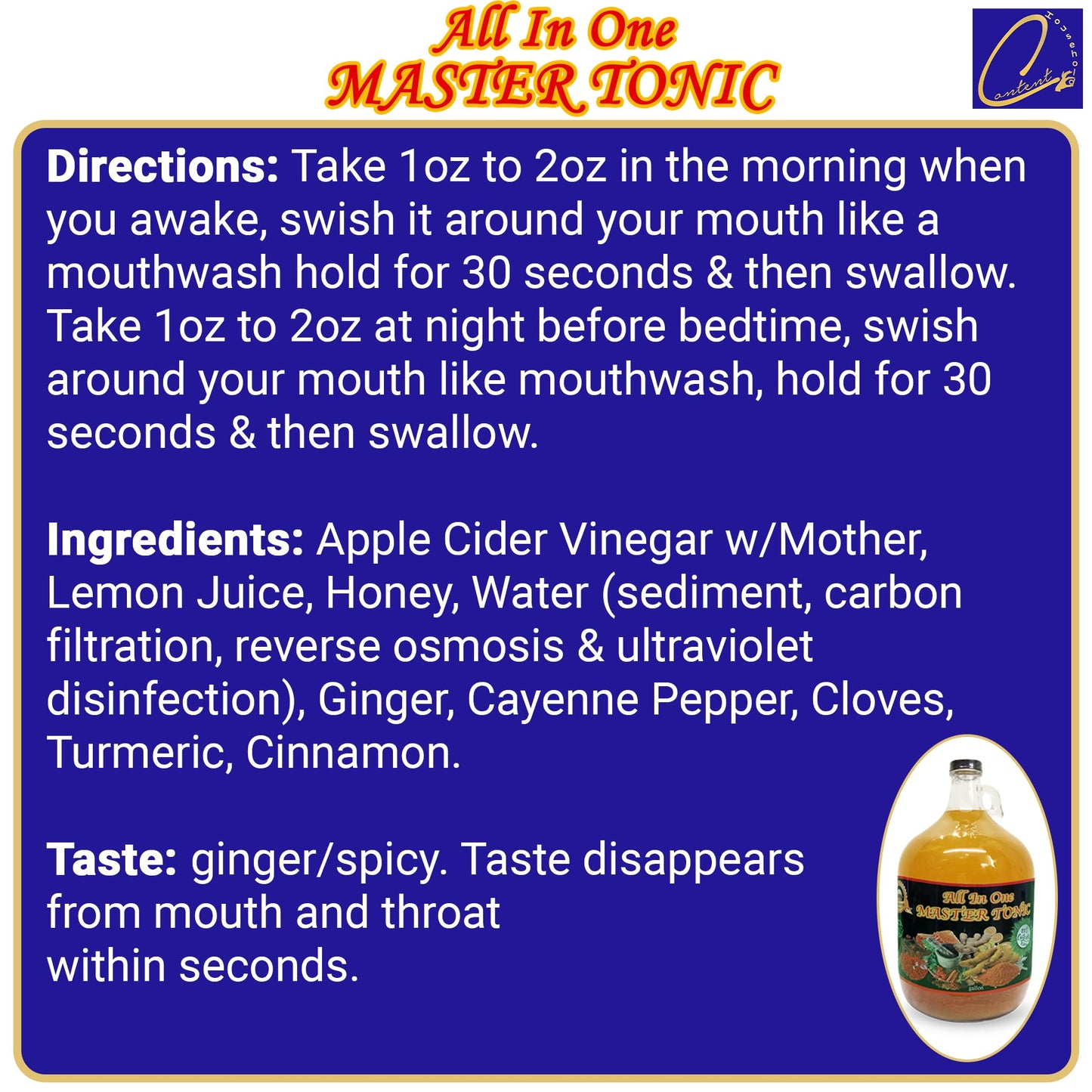 Content Household Apple Cider Vinegar Master Tonic Shots - 128 Fl Oz - Contains Cinnamon, Cloves, Lemon, Ginger, Turmeric, Cayenne Pepper, Honey