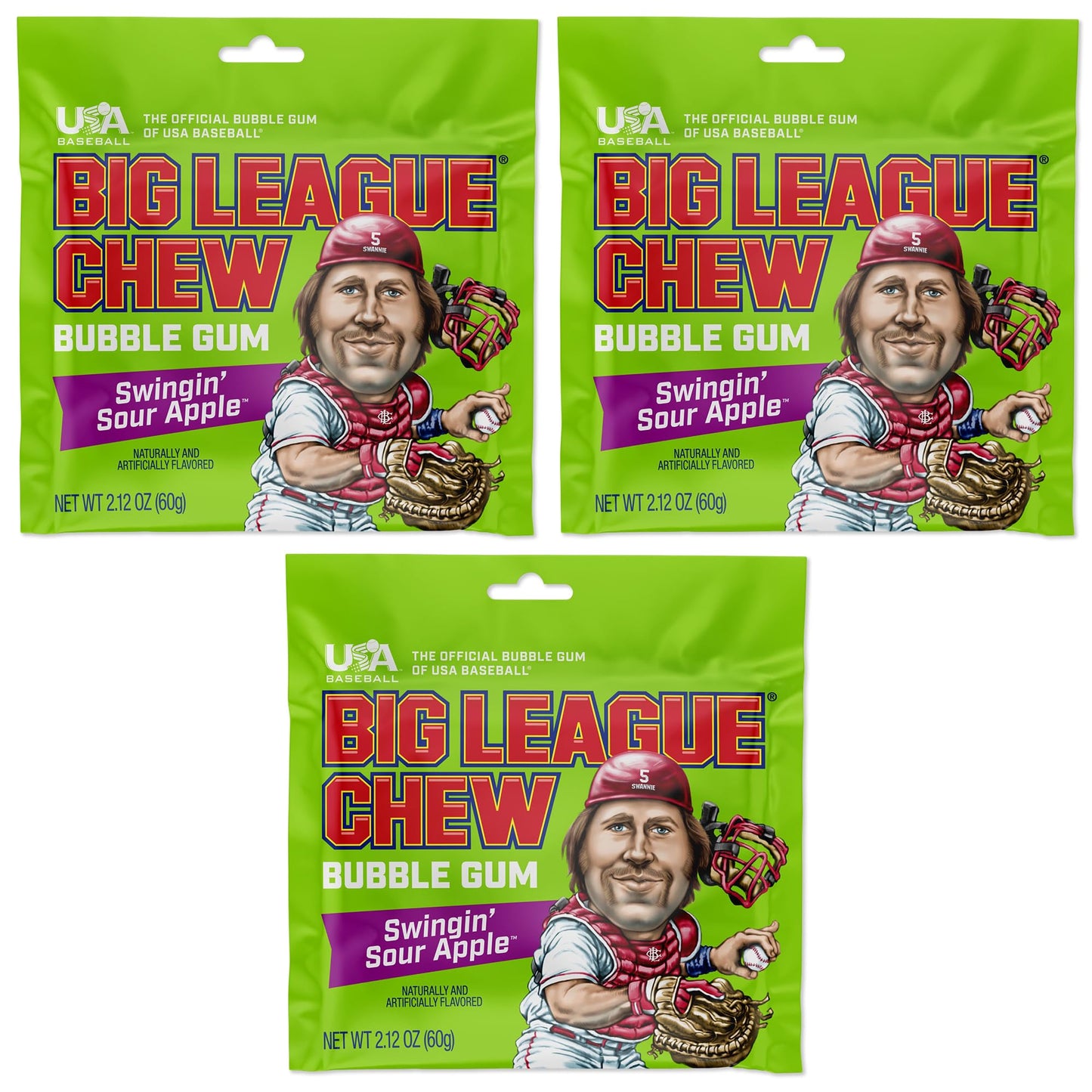 Big League Chew Sour Apple Bubble Gum 3-Pack - 2.12oz Packets - Green
