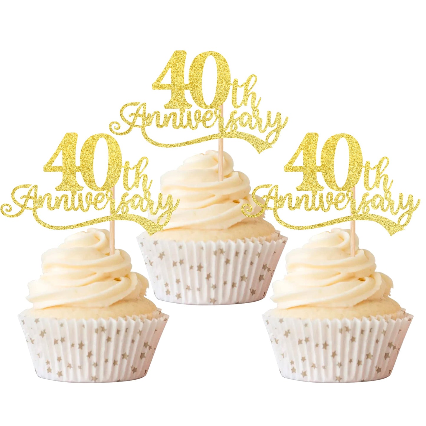 Rsstarxi Cupcake Toppers Gold Glitter Cheers to 40 Years, 2.8x4.1 inches, Paper, Model XM090-40, Perfect for 40th Birthday Party Decor