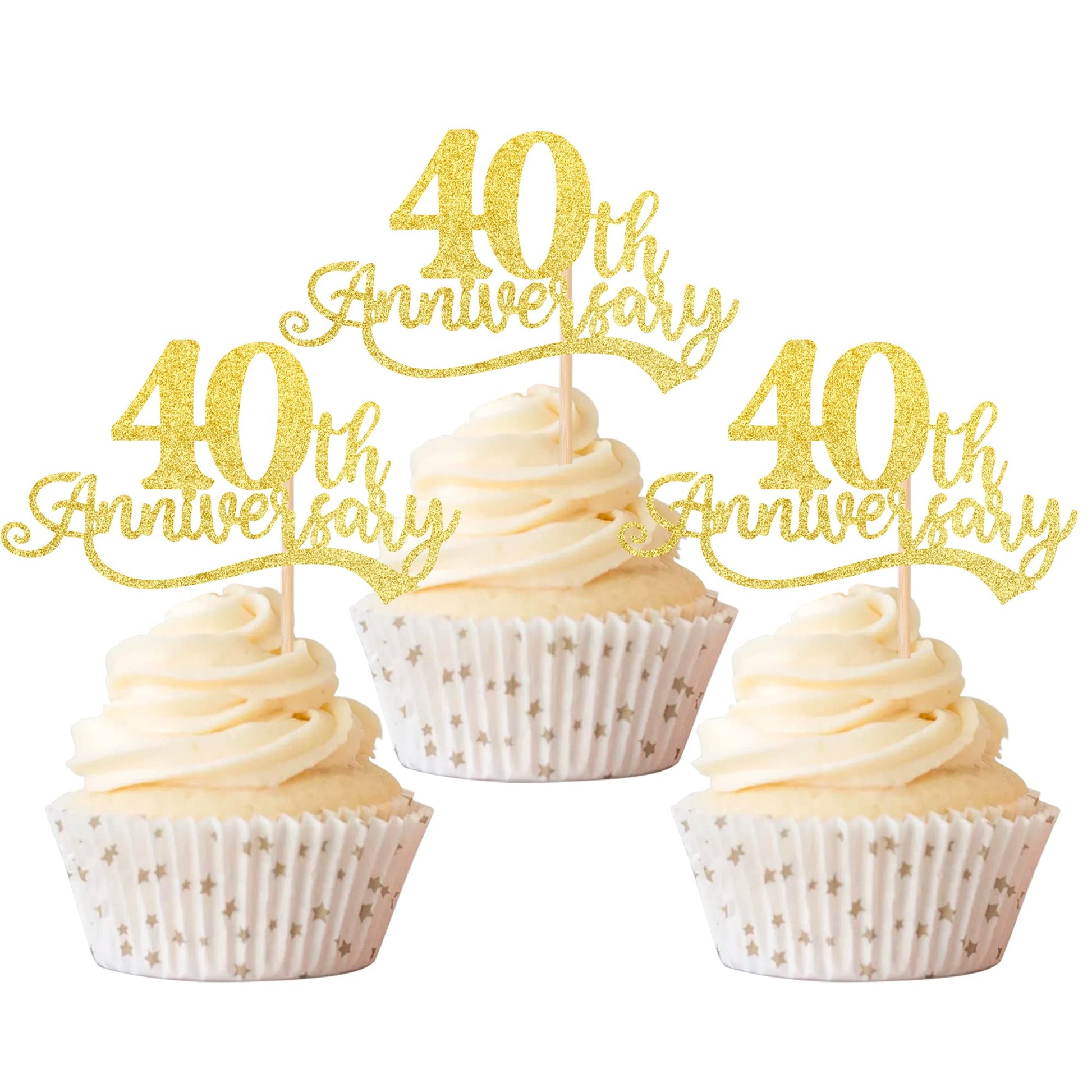 Rsstarxi Cupcake Toppers Gold Glitter Cheers to 40 Years, 2.8x4.1 inches, Paper, Model XM090-40, Perfect for 40th Birthday Party Decor