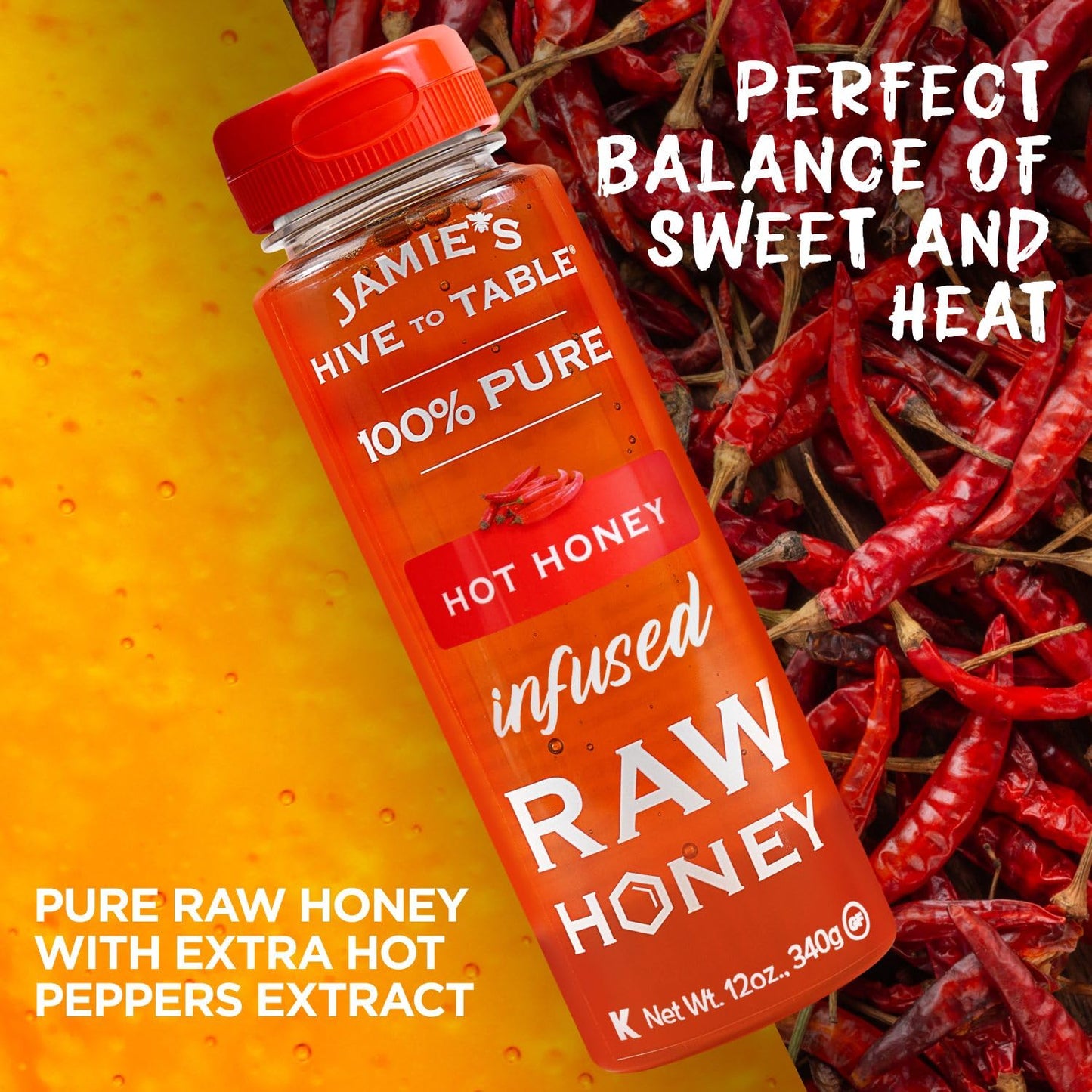 Jamie'S Hive To Table Hot Honey, 12 Oz - 100% Natural Raw Honey Infused With Hot Pepper - Gluten-Free, Non-Gmo - Spicy Kick For