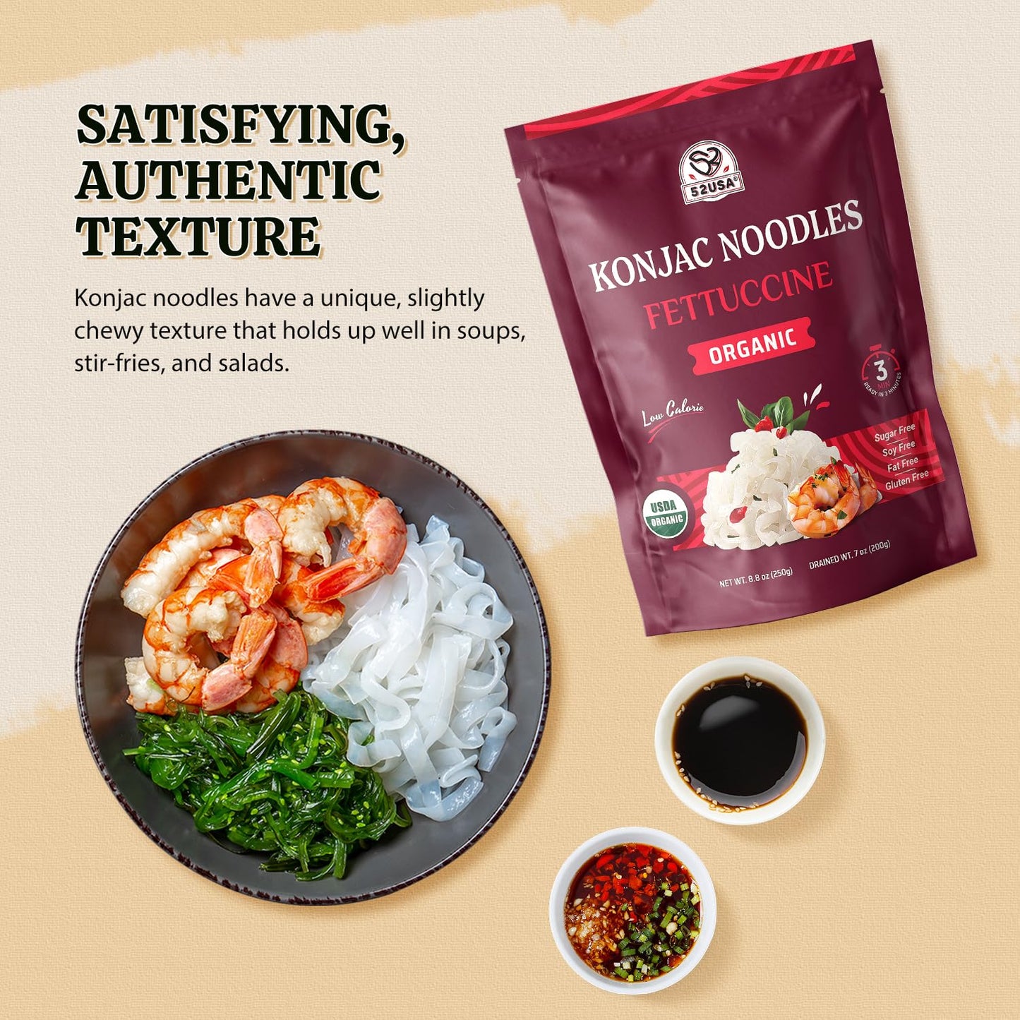 52USA Organic Konjac Shirataki Noodles, Low Carb Pasta, 64 Oz, Vegan, Keto Friendly, 3 Varieties in 6 Pack