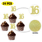 Sumerk 24PCS Number 16 Cupcake toppers Gold Glitter 16th Birthday Cupcake Picks Anniversary Party Decorations