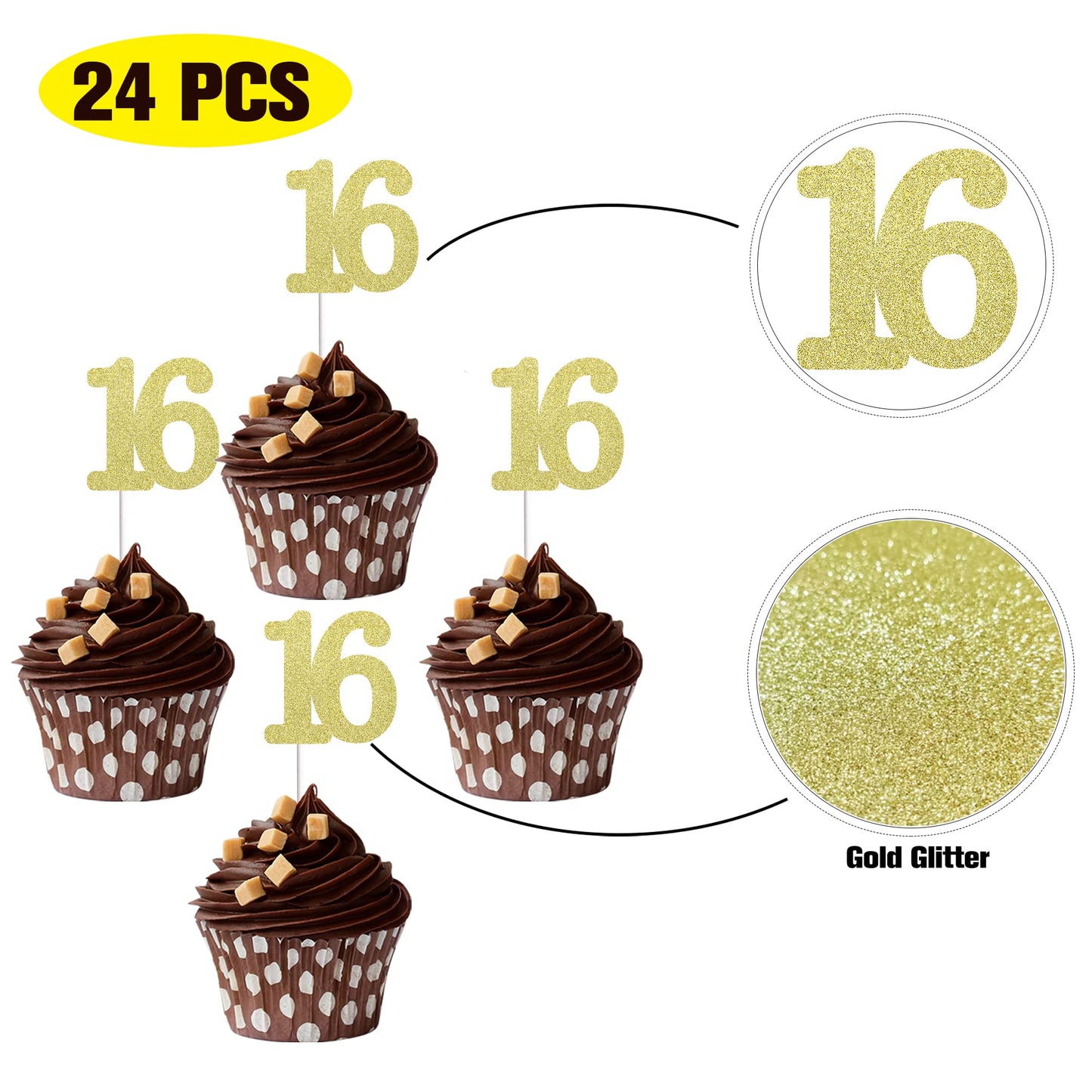 Sumerk 24PCS Number 16 Cupcake toppers Gold Glitter 16th Birthday Cupcake Picks Anniversary Party Decorations
