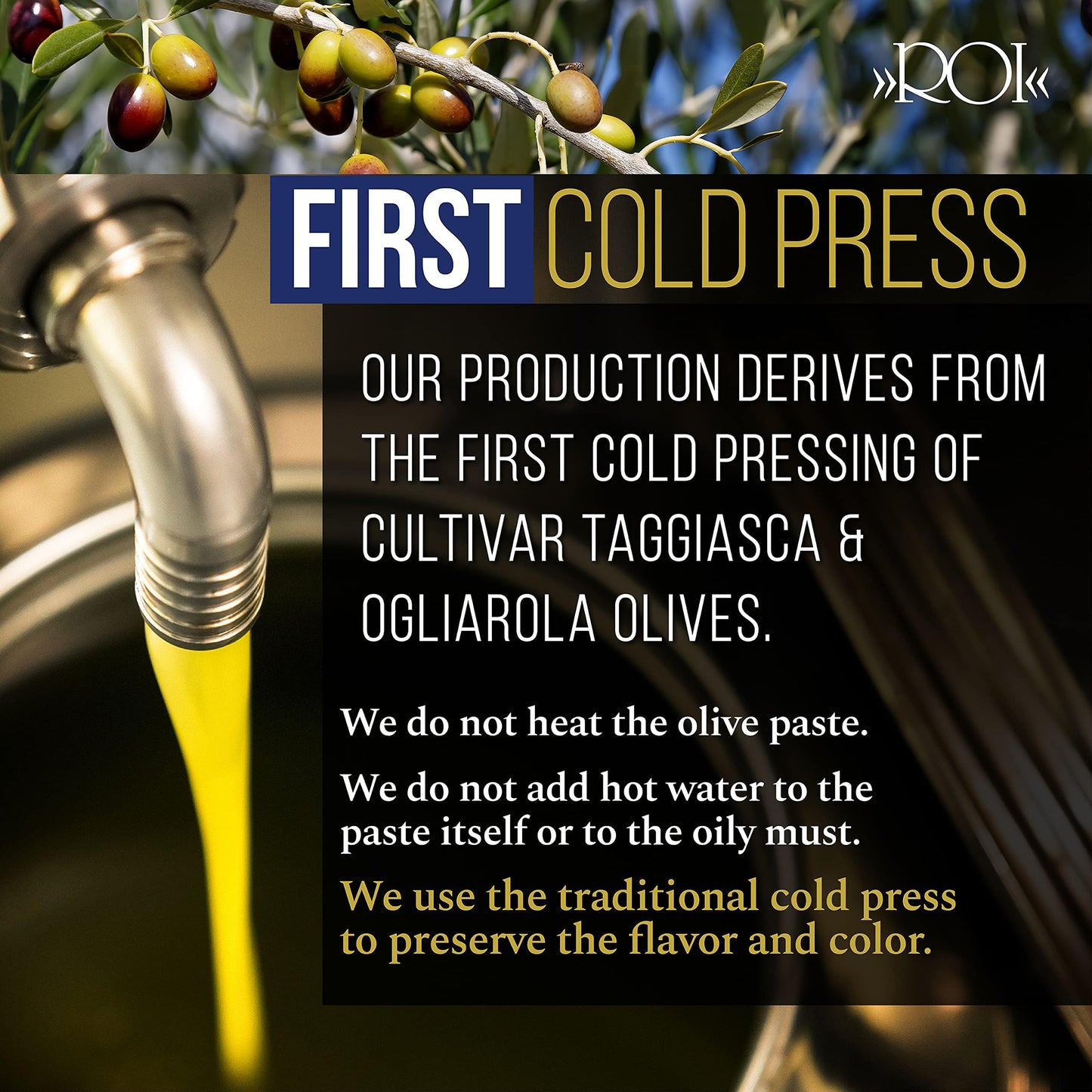 ROI Extra Virgin Olive Oil - First Cold Pressed, 8.45 Fl Oz, Ogliarola-Taggiasca Cultivar, Green