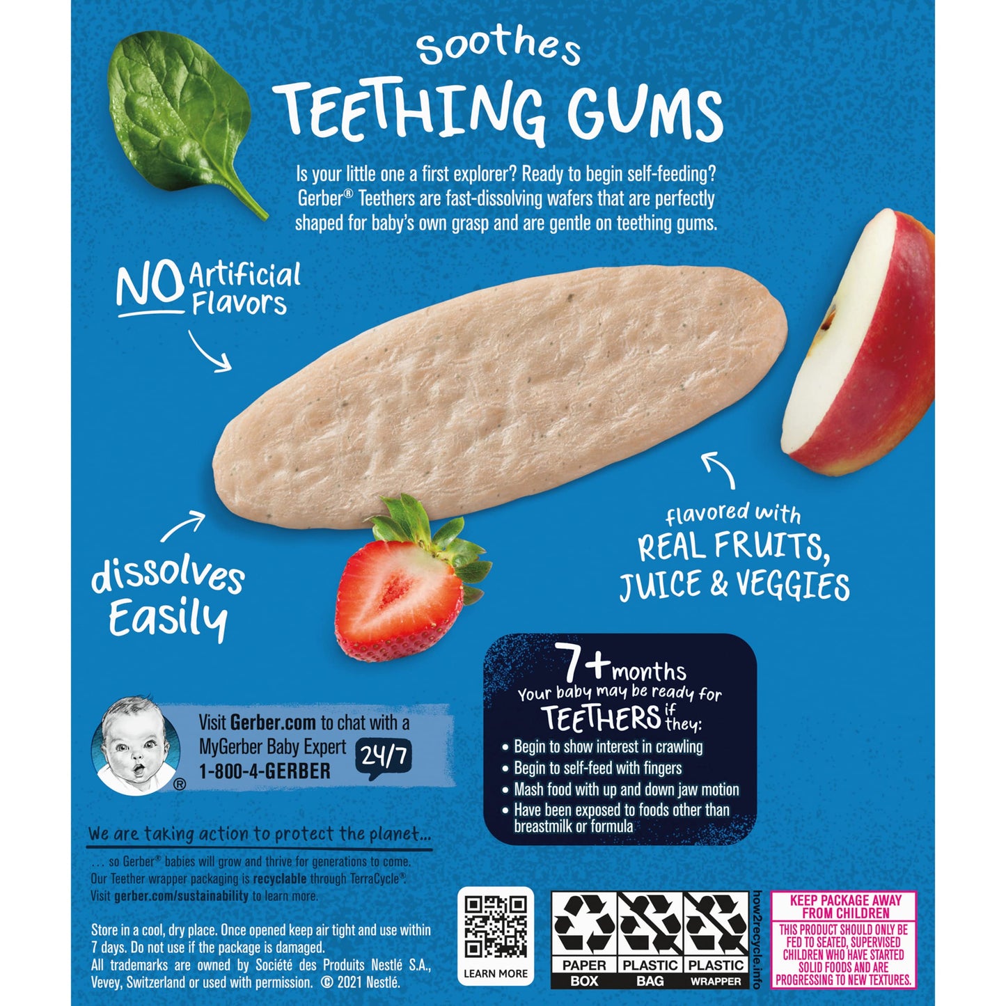 Gerber Snacks For Baby Teethers, Strawberry Apple Spinach, Gentle Teething Wafers, Non-Gmo Ingredients, 12 Individually Wrapped