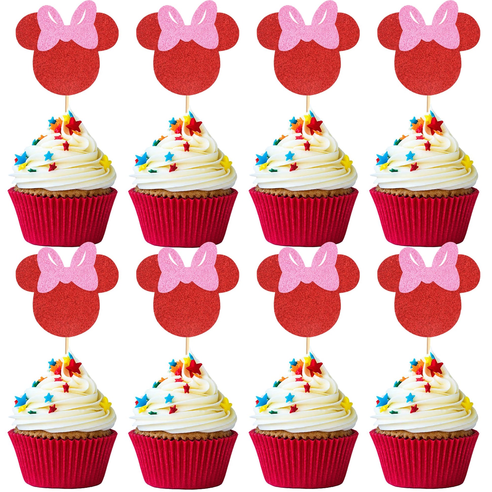 Arthsdite 24Pcs Mouse Inspired Cupcake Toppers with Pink Bow Red Glitter Mouse Cake Decorations for Baby Shower Wedding Kids Bir