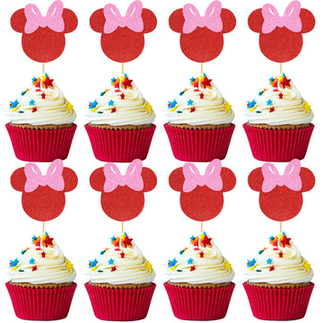 Arthsdite 24Pcs Mouse Inspired Cupcake Toppers with Pink Bow Red Glitter Mouse Cake Decorations for Baby Shower Wedding Kids Bir
