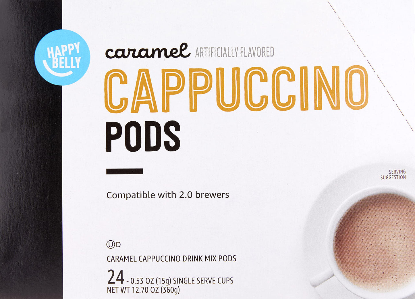 Happy Belly Cappuccino Coffee Pods, Light Roast, Caramel Flavor, 24 Count, Creamy Tan