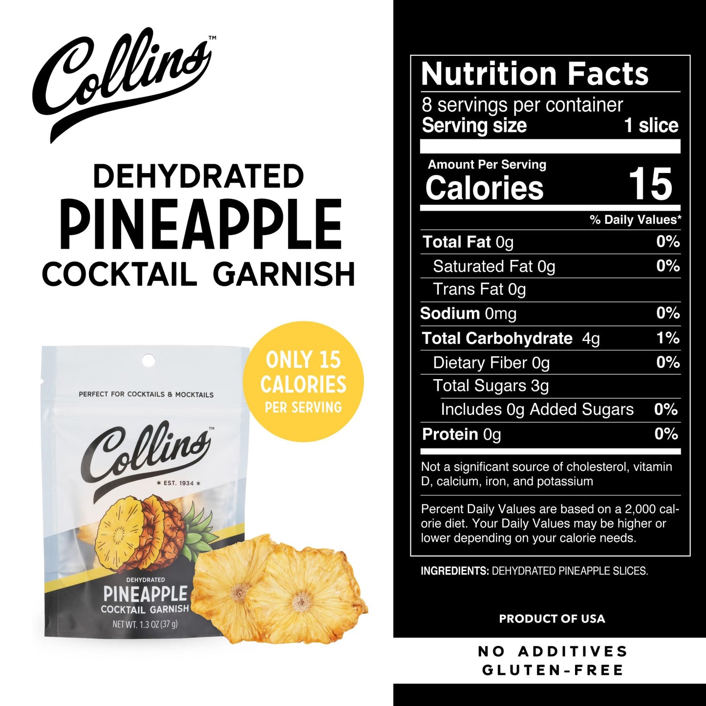 Collins Dehydrated Pineapple Cocktail Garnish Slices, 1.3 oz – Perfect for Drinks & Desserts – Made in USA – Model 11869
