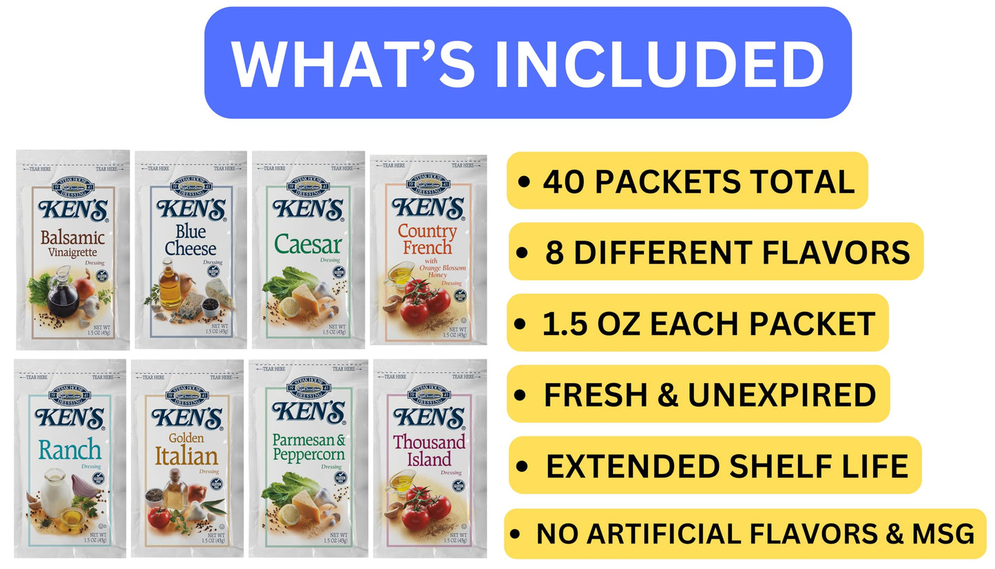 40 Count | Salad Dressing Packets | 8 Flavors: Balsamic Vinaigrette, Blue Cheese, Caesar, Country French, Ranch, Golden Italian,