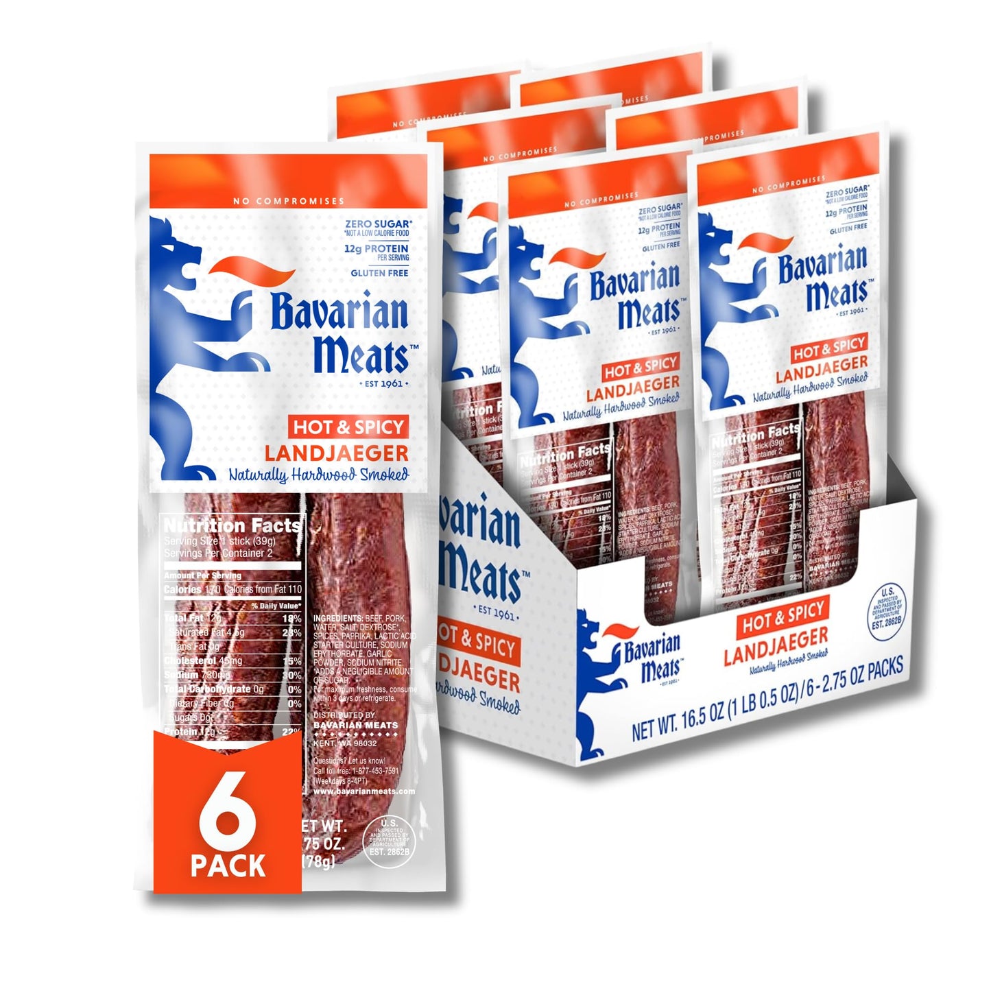 Bavarian Meats Hot & Spicy Landjaeger Smoked Sausage Snack Sticks, 2.75 oz (Pack of 6), Brown