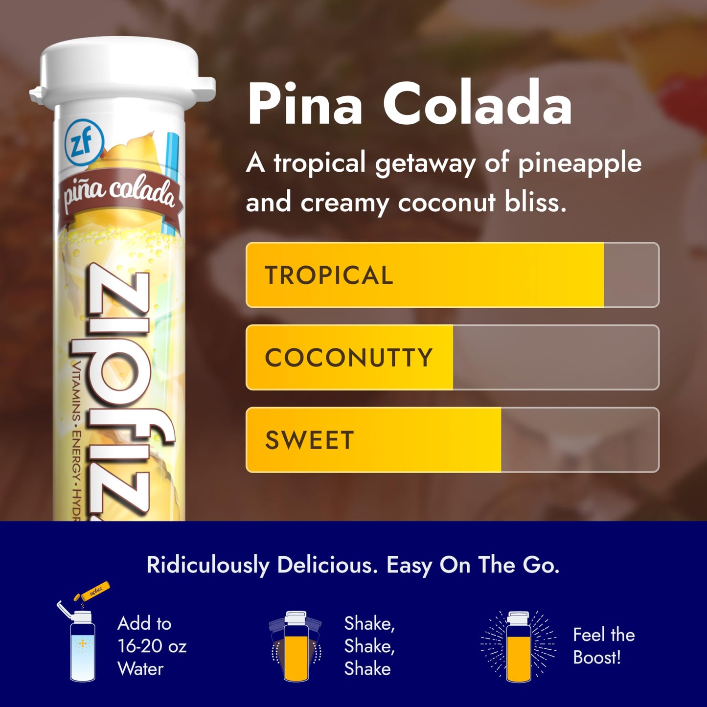 Zipfizz Daily Energy Drink Powder, Sugar-Free Electrolyte, 20 Pack, 0.39 Ounce Each, Pina Colada Flavor