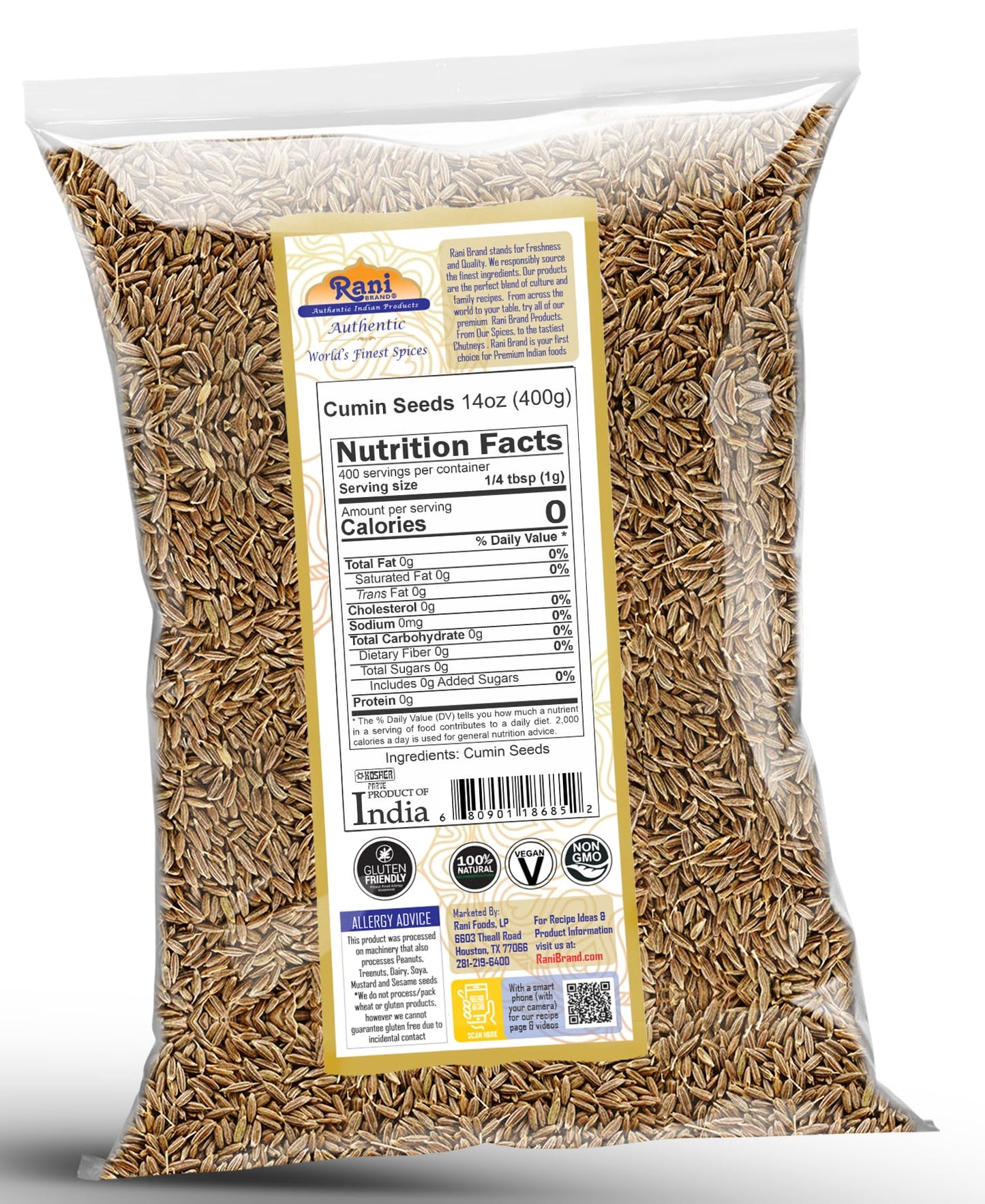 Rani Cumin Seeds Whole (Jeera) Spice 14Oz (400G) ~ All Natural | Gluten Friendly | Non-Gmo | Kosher | Vegan | Indian Origin