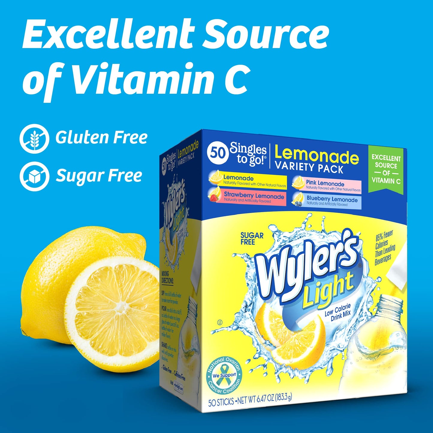 Wylers Light Singles to Go Powder Packets, Variety Pack, 40 Count, Sugar & Caffeine Free, Pink Strawberry & Blueberry Lemonade