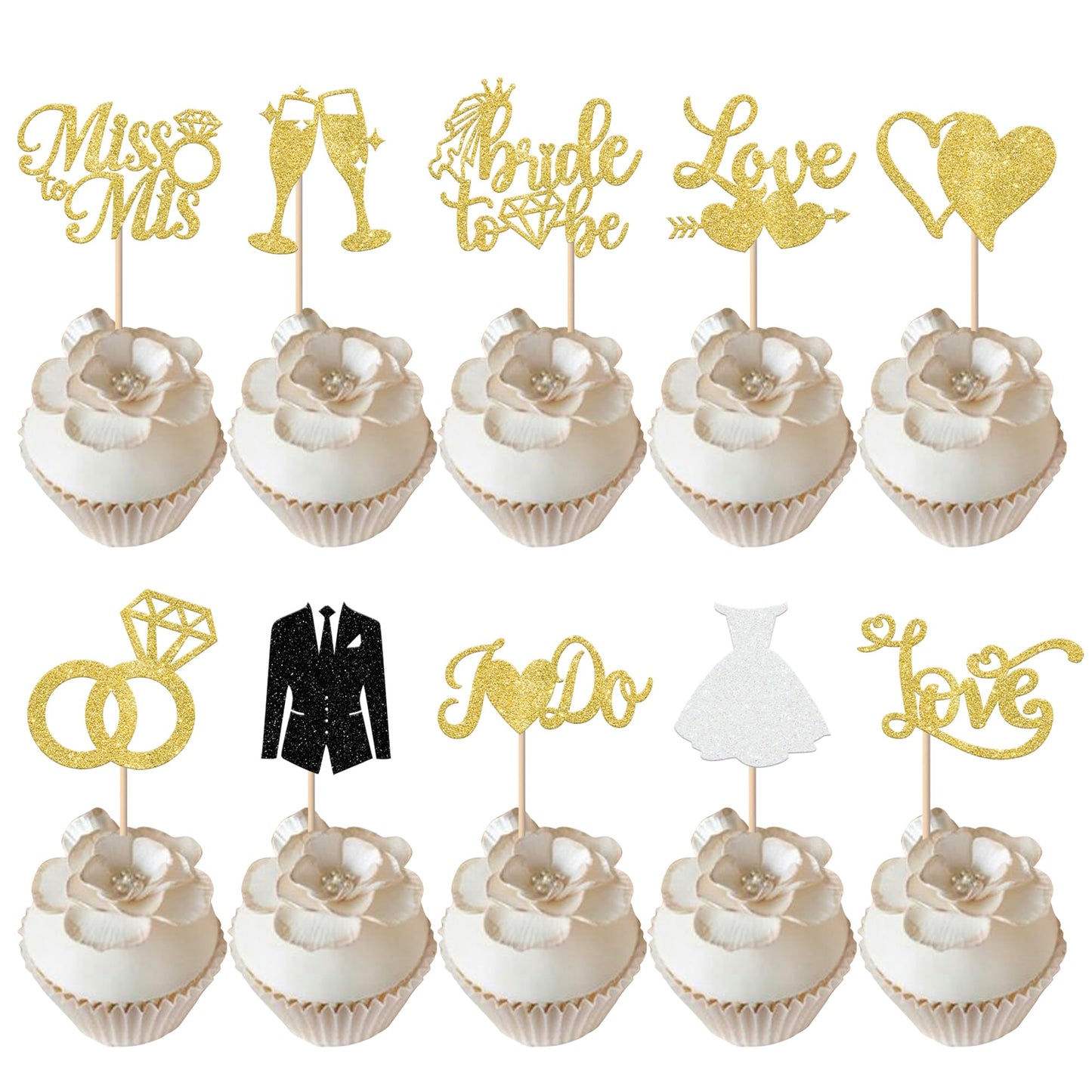 YCTHUNFISH Bride to Be Cupcake Toppers, 30 Pack Glitter Diamond Ring, Gold Decorations for Bridal Shower, Wedding, Bachelorette Party