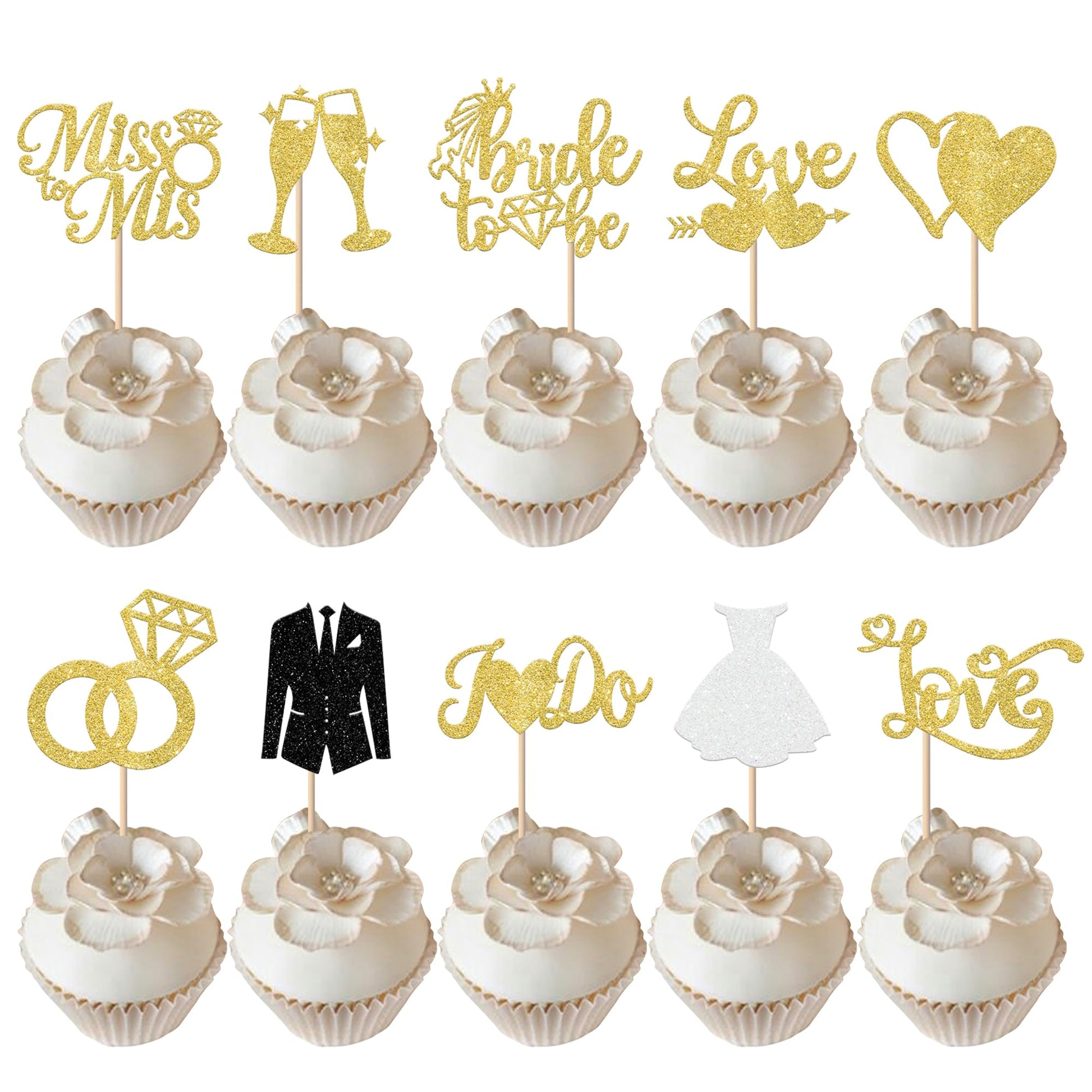 YCTHUNFISH Bride to Be Cupcake Toppers, 30 Pack Glitter Diamond Ring, Gold Decorations for Bridal Shower, Wedding, Bachelorette Party