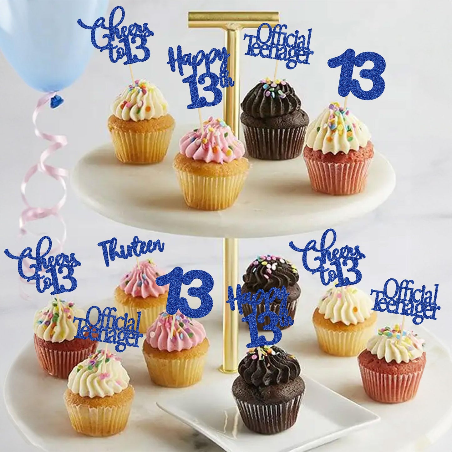 30 Pack Happy 13Th Birthday Cupcake Toppers Dark Blue Glitter 13 Official Teenager Cheers To 13 Years Old Birthday Cupcake Picks