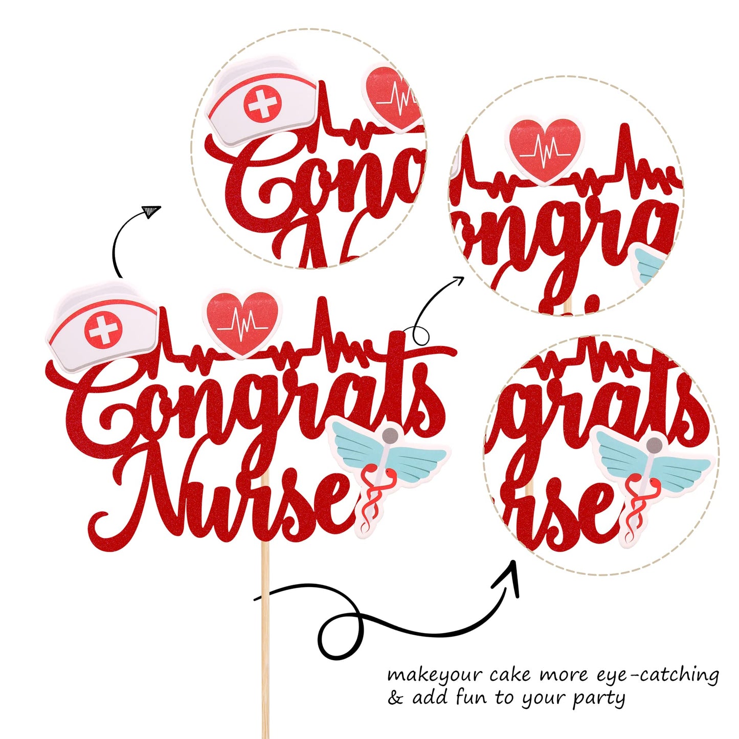 ZHUOWEISM Nurse Cake Topper, Red Glitter, Small, Paper, Model ZW371, Nursing Graduation Decorations