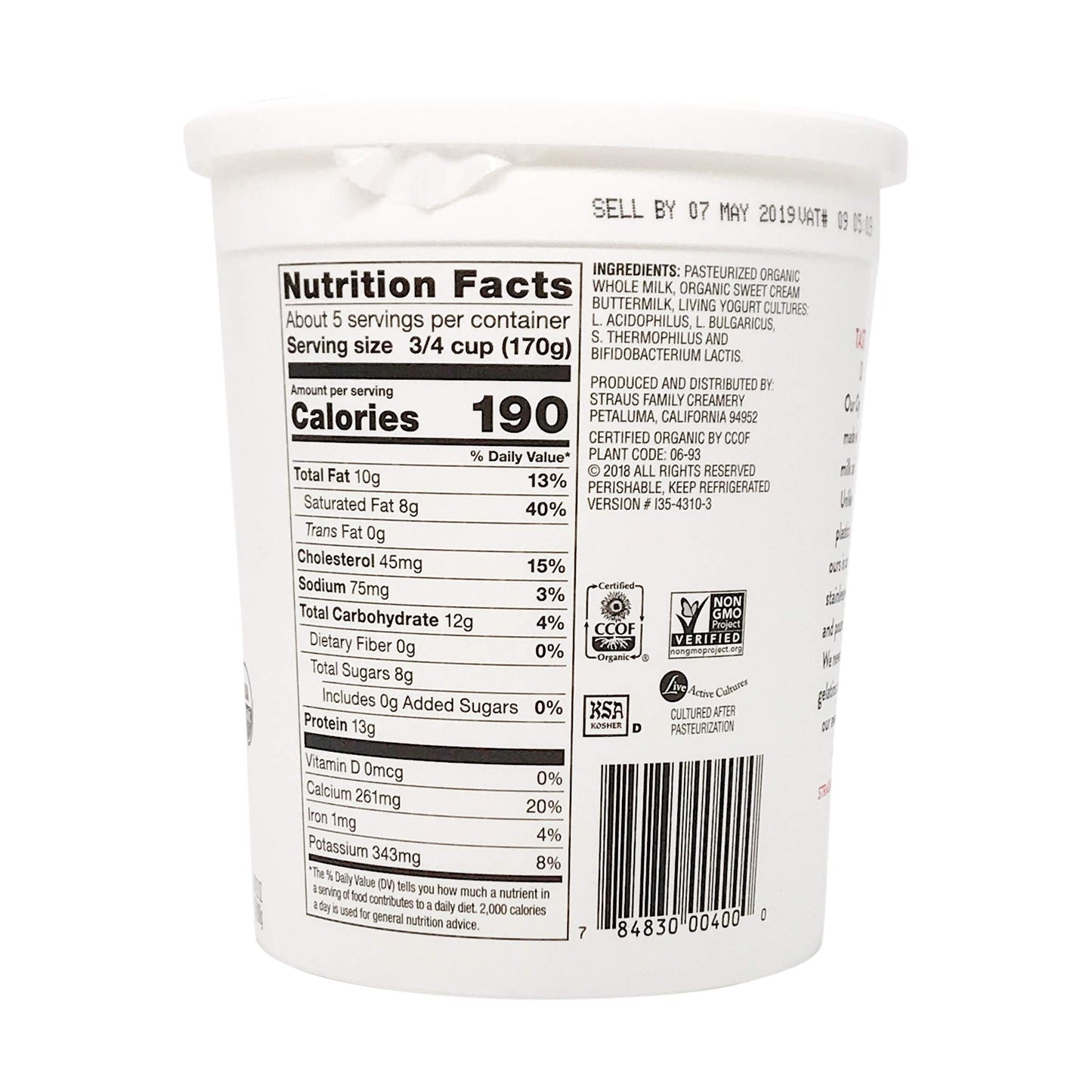 Straus Family Creamery Greek Yogurt, Plain, Organic, 32 oz
