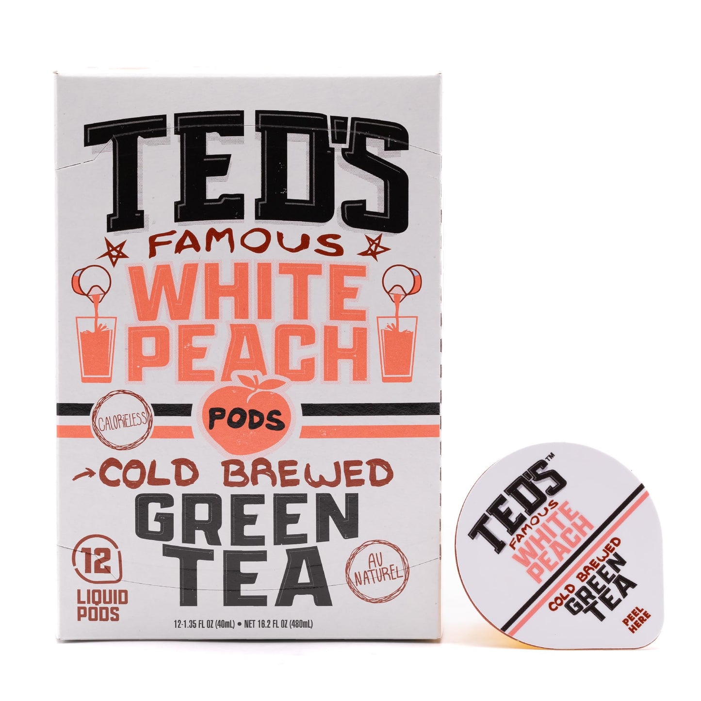Teds Tea by Java House - Single Serve Liquid Concentrate Pods - Peel and Pour - White Peach Green Tea - Pack of 12
